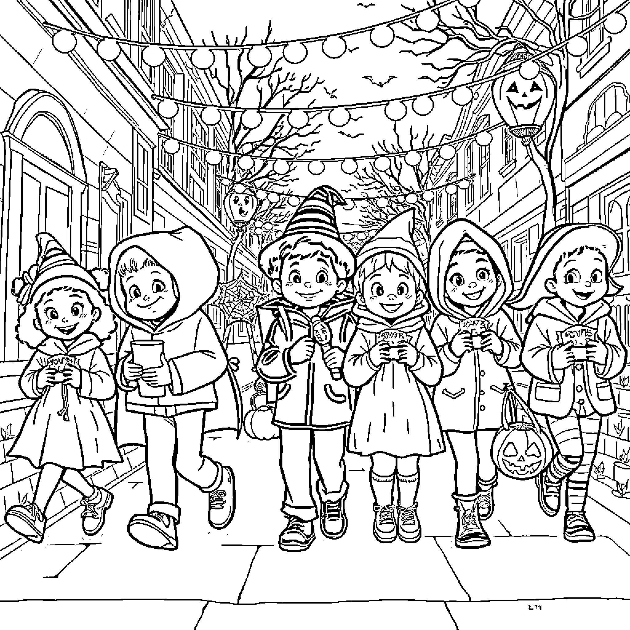 Kids Trick-or-Treating on Halloween Night Coloring Page (free black-and-white line drawing printable PDF for all, from beginners to advanced learners, including children, teens, adults, and seniors)