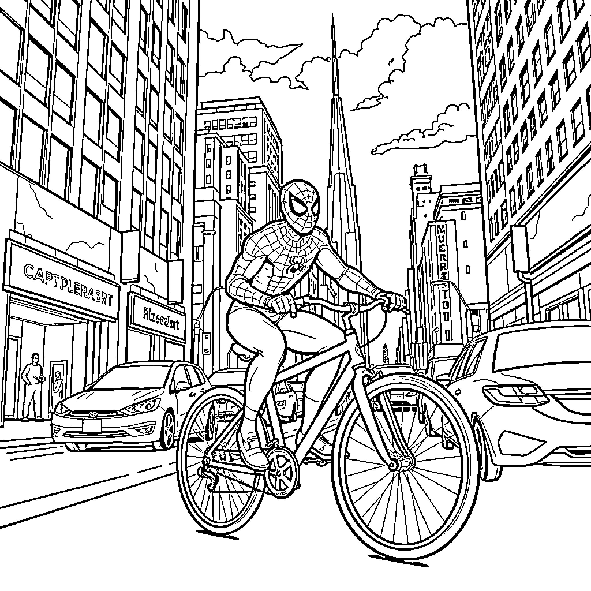 Spiderman cycling through the bustling city streets Coloring Page (free black-and-white line drawing printable PDF for all, from beginners to advanced learners, including children, teens, adults, and seniors)