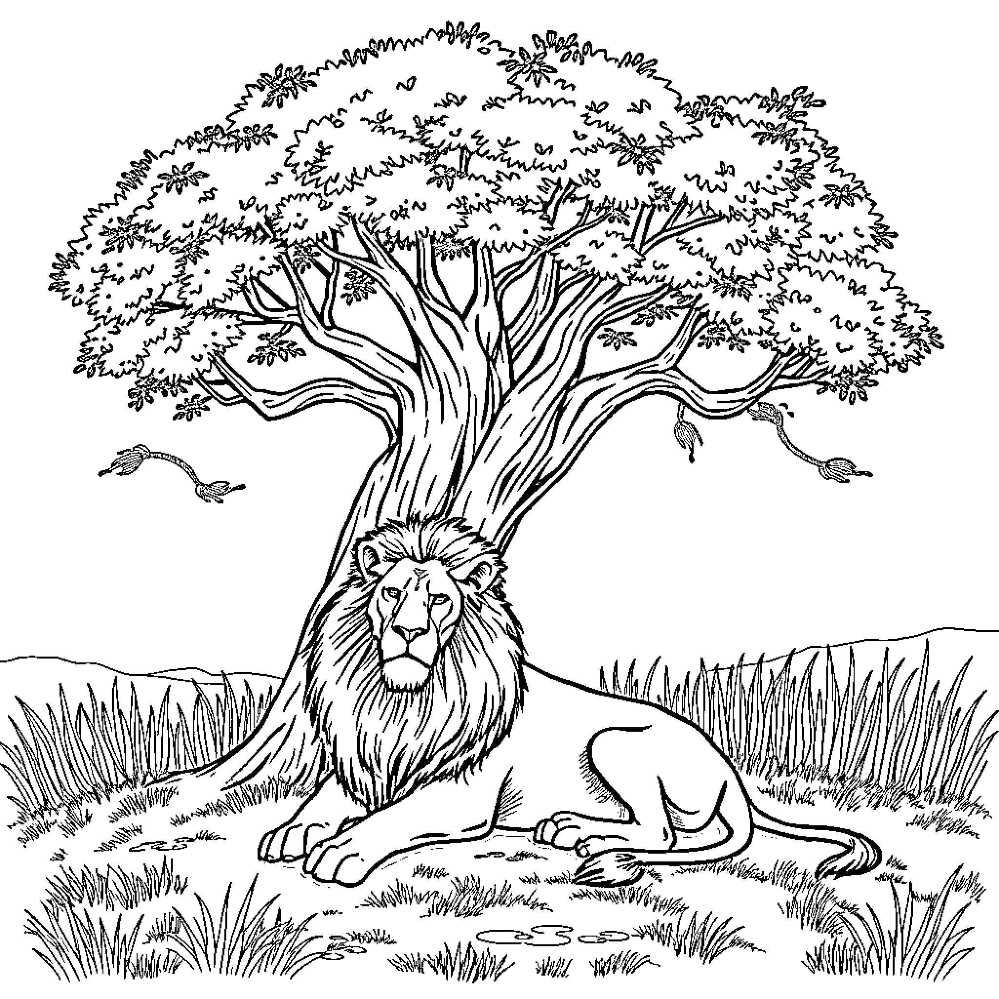 Lion resting under the majestic tree Coloring Page (free black-and-white line drawing printable PDF for all, from beginners to advanced learners, including children, teens, adults, and seniors)