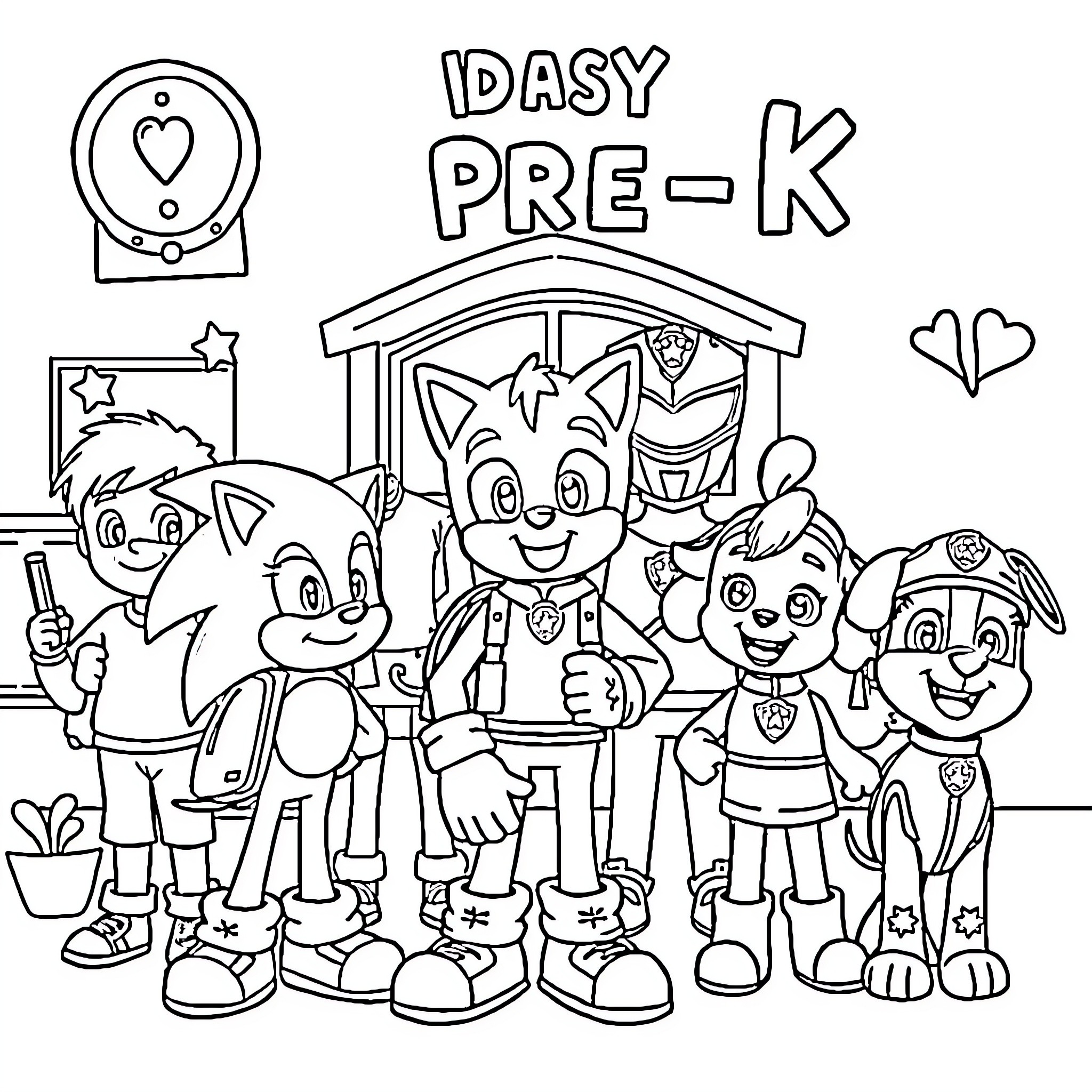 Sonic characters in Idasy Pre-K setting Coloring Page (free black-and-white line drawing printable PDF for all, from beginners to advanced learners, including children, teens, adults, and seniors)