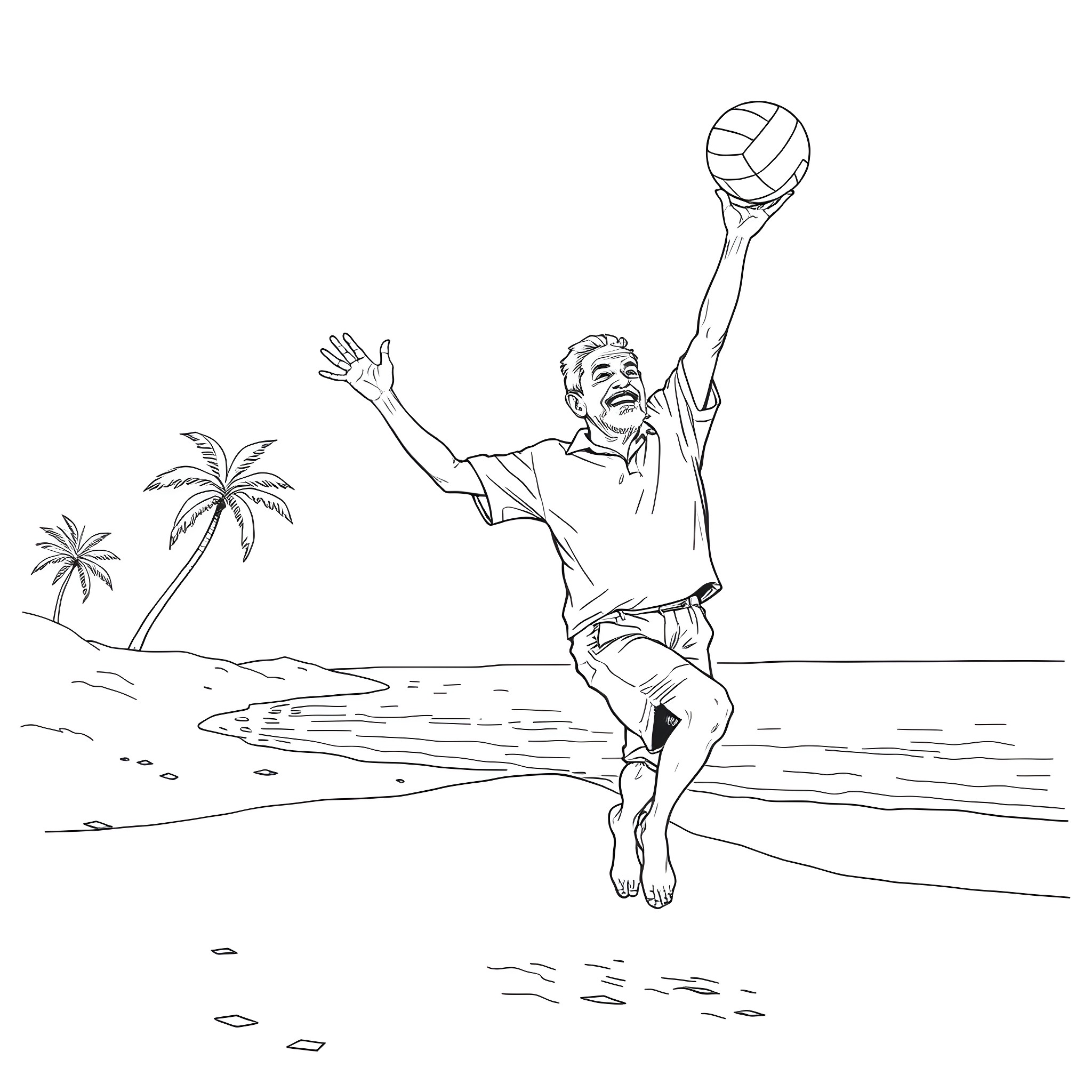 Man playing volleyball on the beach Coloring Page (free black-and-white line drawing printable PDF for all, from beginners to advanced learners, including children, teens, adults, and seniors)