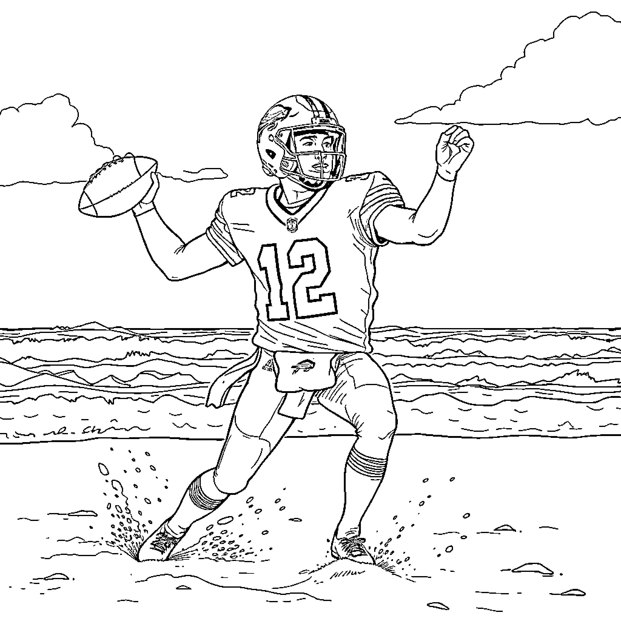 Josh Allen Celebrating Football Victory on the Beach Coloring Page (free black-and-white line drawing printable PDF for all, from beginners to advanced learners, including children, teens, adults, and seniors)