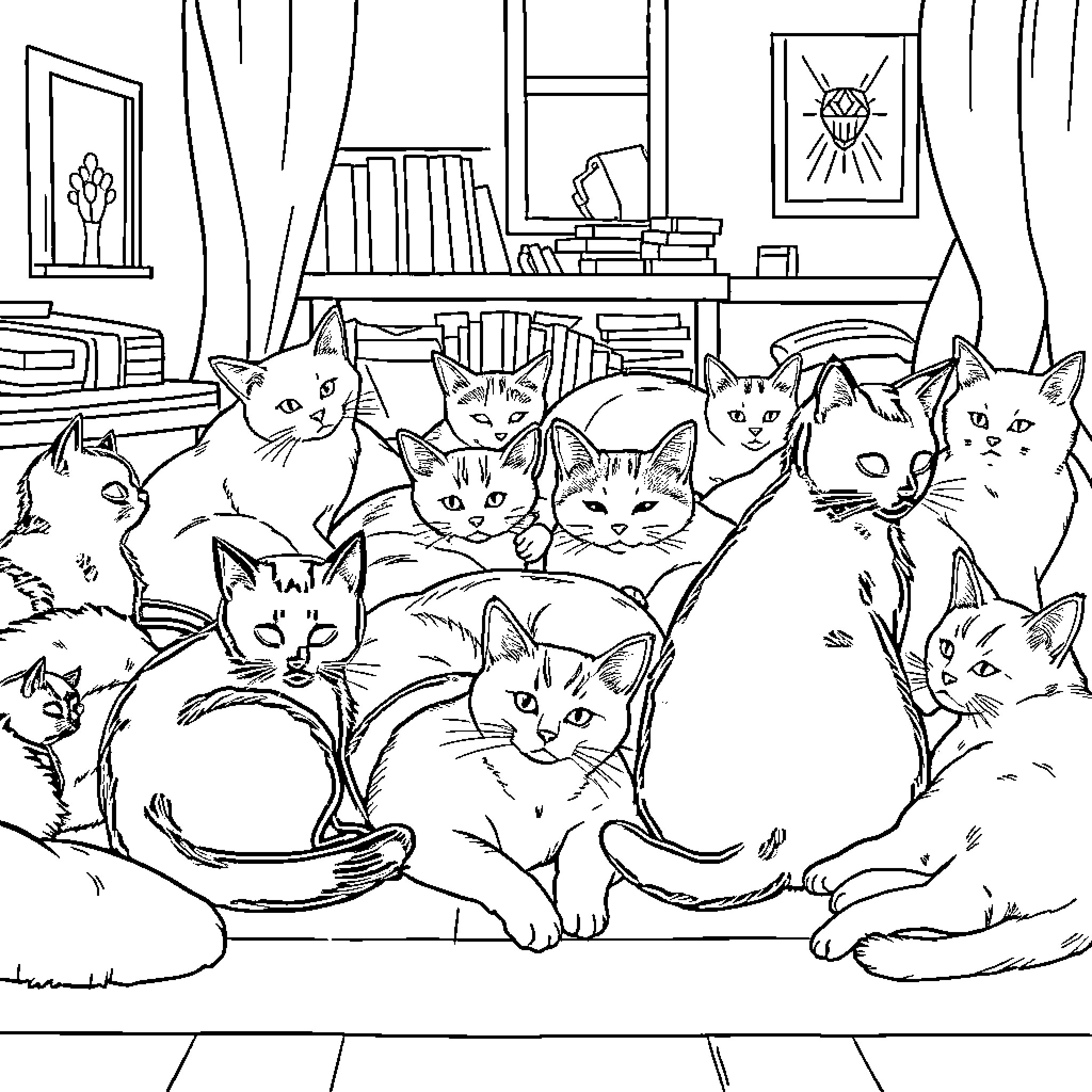 Cat group relaxing in cozy living room Coloring Page (free black-and-white line drawing printable PDF for all, from beginners to advanced learners, including children, teens, adults, and seniors)