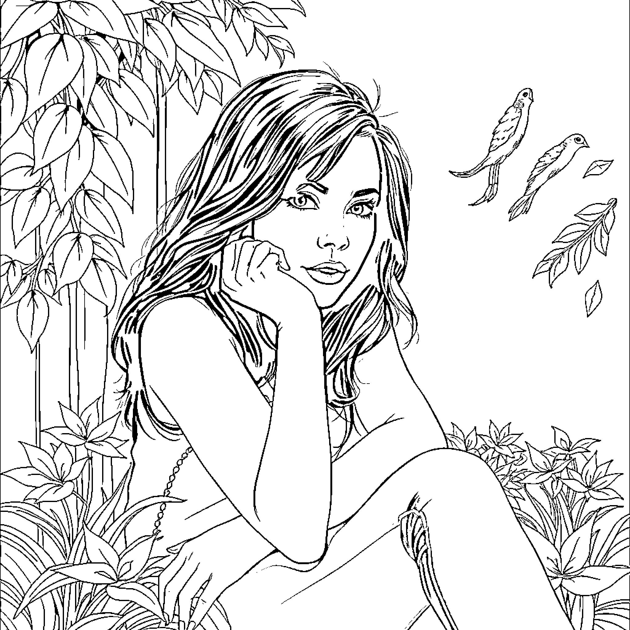 Miranda Cosgrove contemplating in a lush natural setting Coloring Page (free black-and-white line drawing printable PDF for all, from beginners to advanced learners, including children, teens, adults, and seniors)