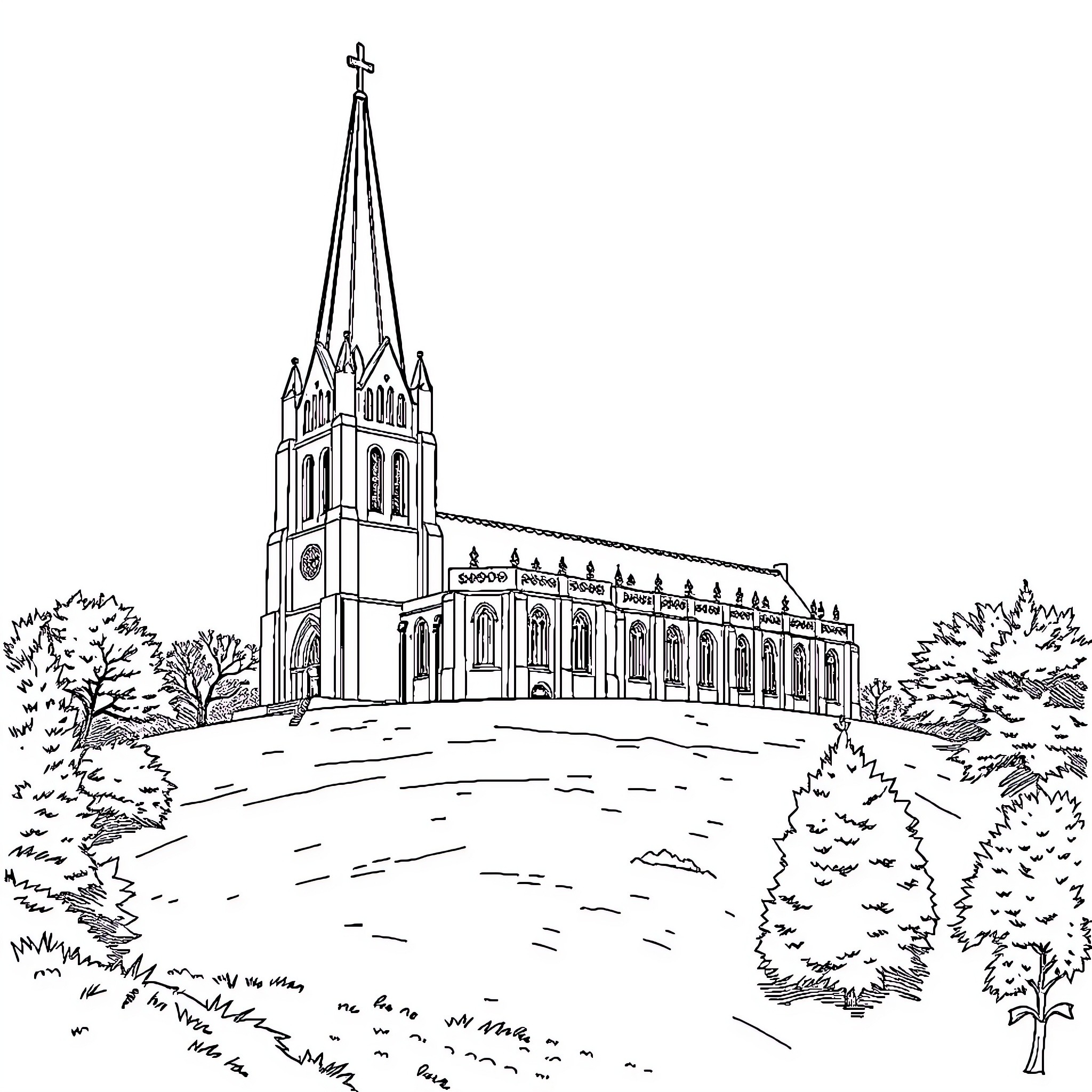 Church with Spire and Ornate Architecture Coloring Page (free black-and-white line drawing printable PDF for all, from beginners to advanced learners, including children, teens, adults, and seniors)