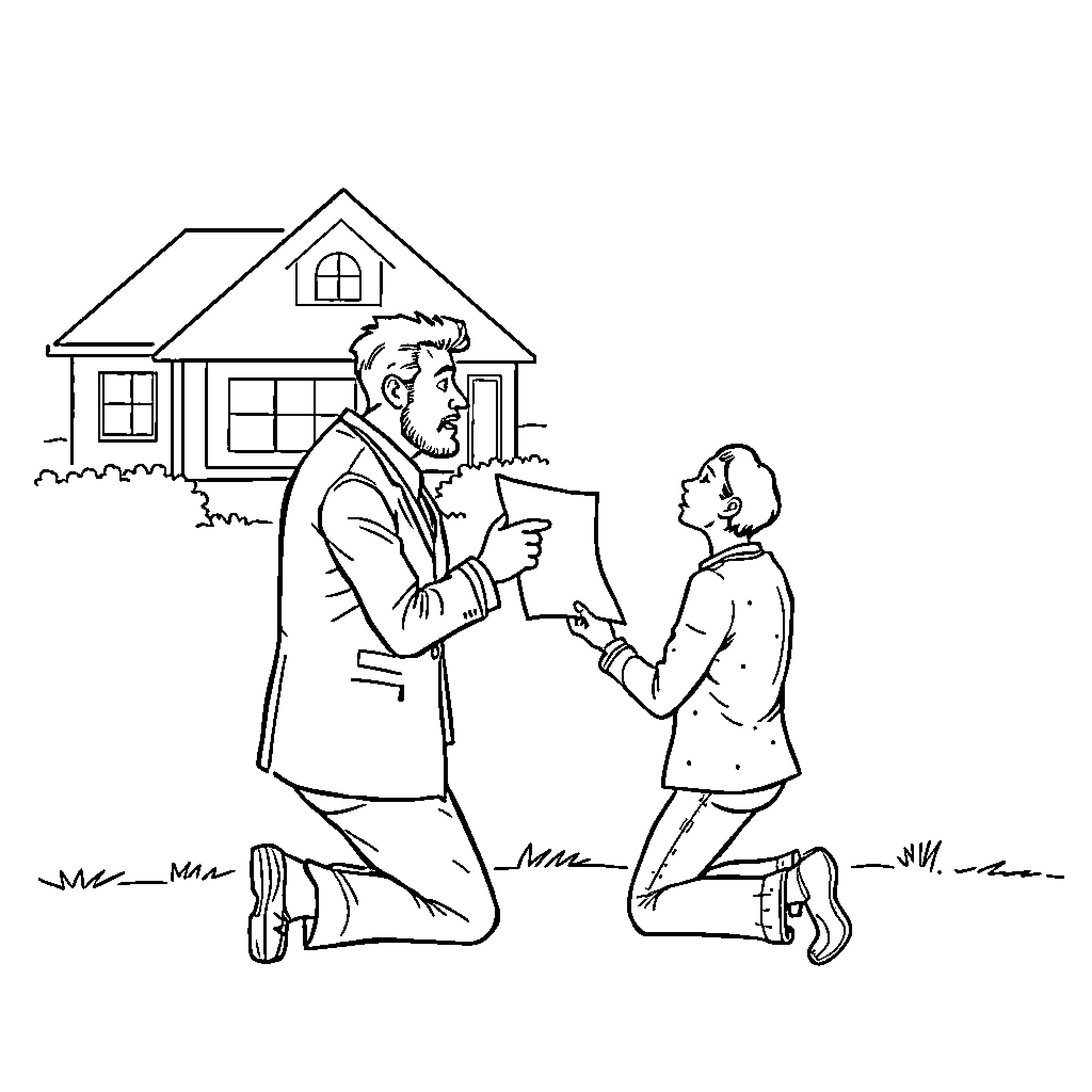 Realtor showing home to prospective buyers Coloring Page (free black-and-white line drawing printable PDF for all, from beginners to advanced learners, including children, teens, adults, and seniors)