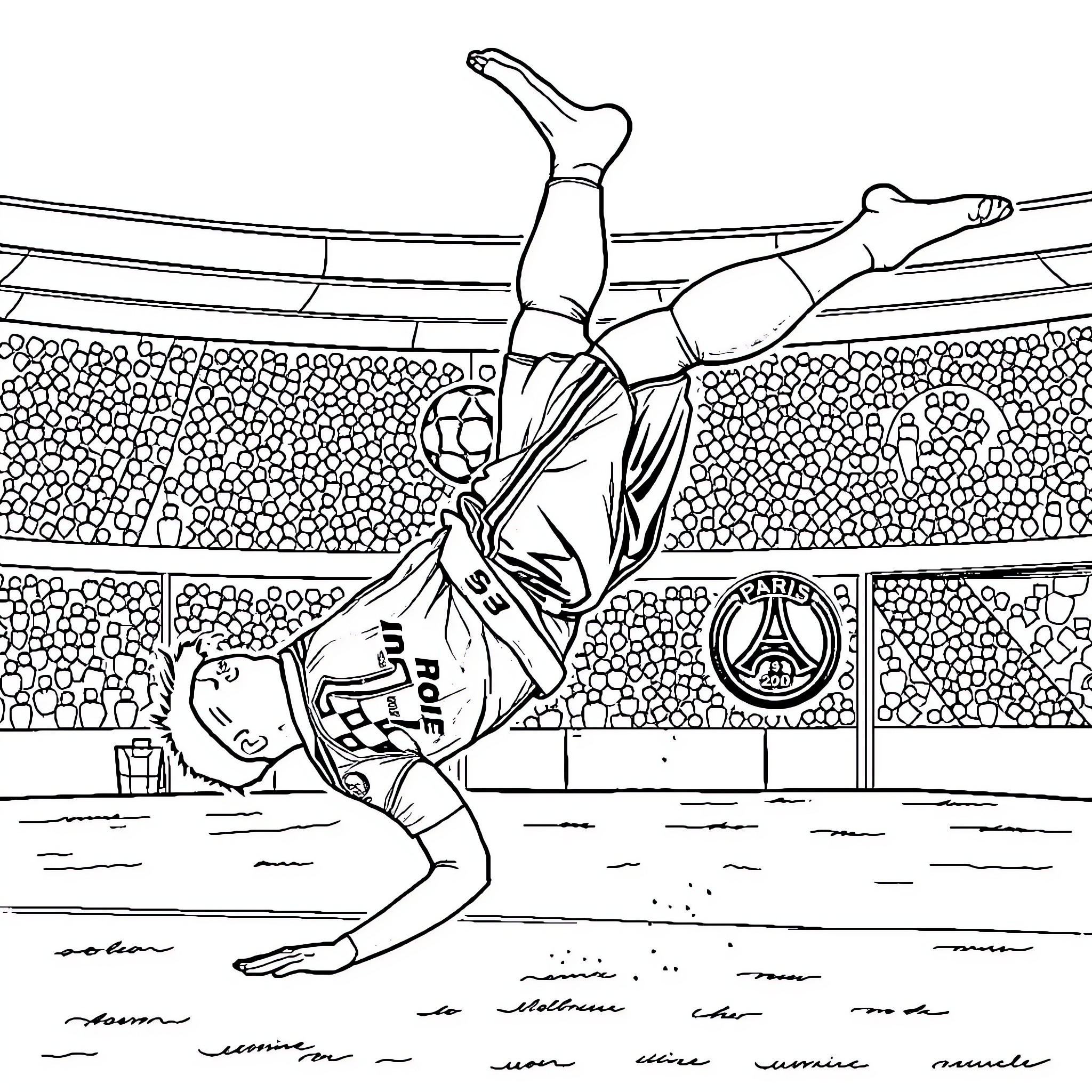 Aubameyang's acrobatic soccer skills on display Coloring Page (free black-and-white line drawing printable PDF for all, from beginners to advanced learners, including children, teens, adults, and seniors)