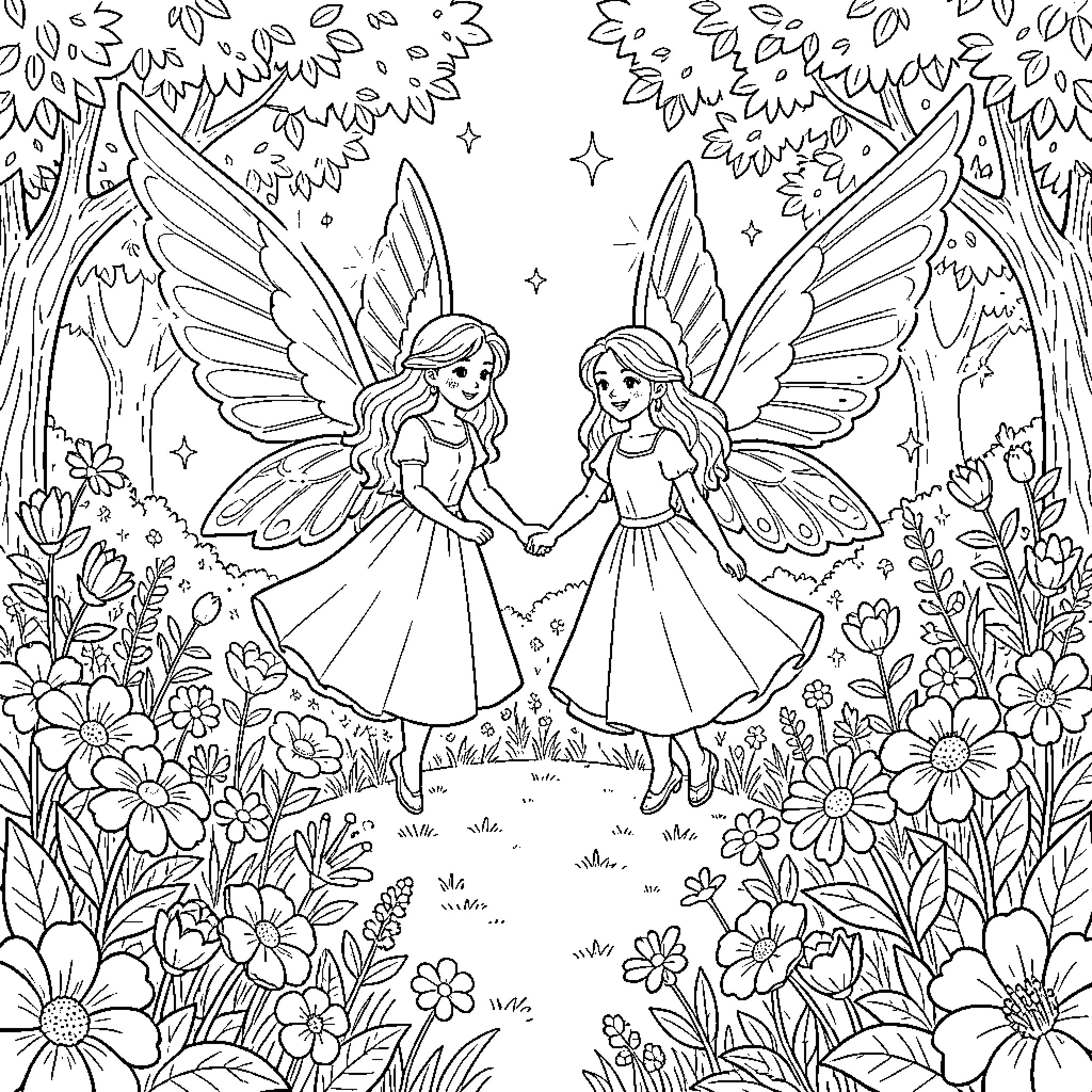 Hada fairies dancing in enchanted forest Coloring Page (free black-and-white line drawing printable PDF for all, from beginners to advanced learners, including children, teens, adults, and seniors)