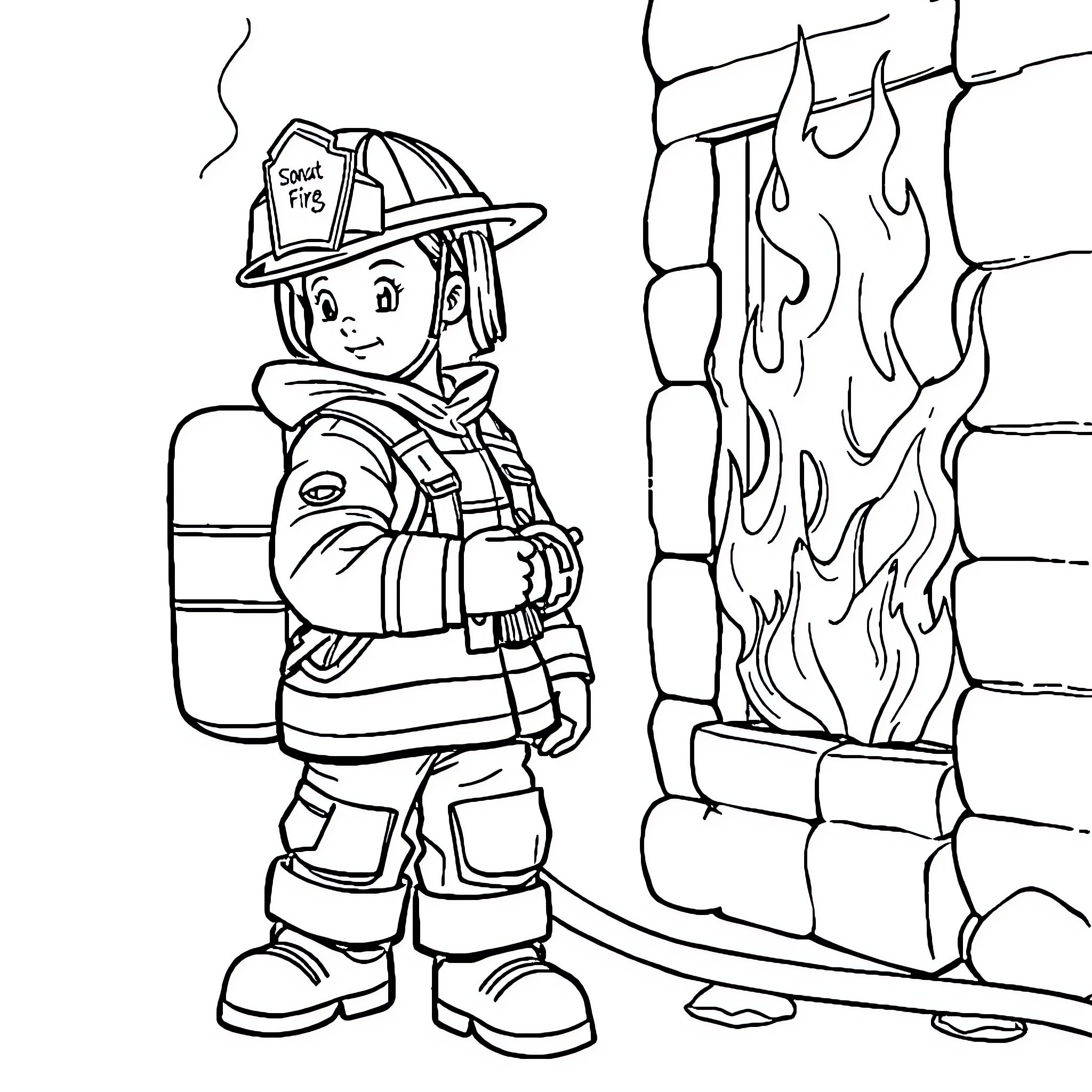 Firefighter Battling Blaze with Courage and Determination Coloring Page (free black-and-white line drawing printable PDF for all, from beginners to advanced learners, including children, teens, adults, and seniors)