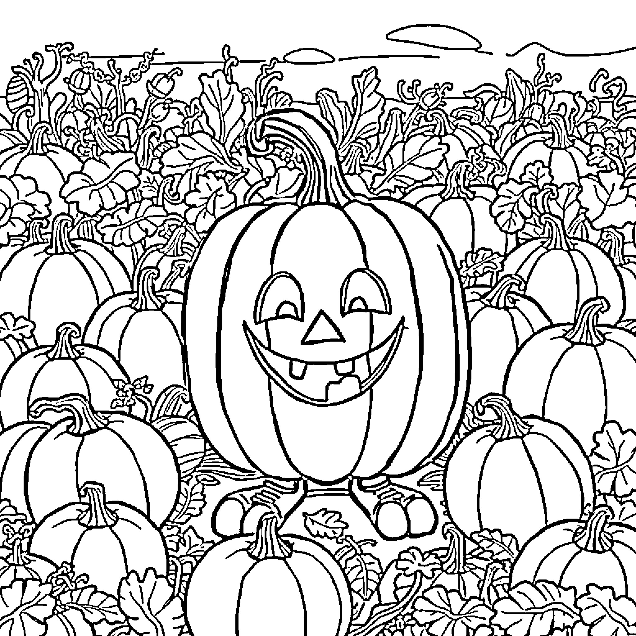 Spookley's Pumpkin Patch Adventure Coloring Page (free black-and-white line drawing printable PDF for all, from beginners to advanced learners, including children, teens, adults, and seniors)