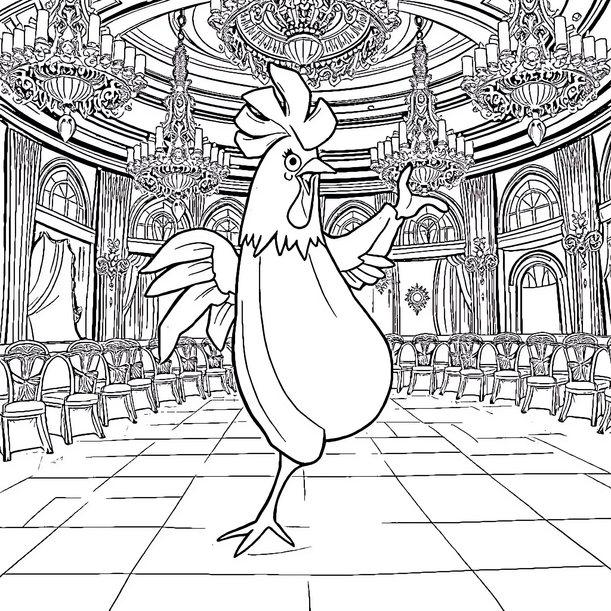 Chicken in a Lavish Palace Coloring Page (free black-and-white line drawing printable PDF for all, from beginners to advanced learners, including children, teens, adults, and seniors)
