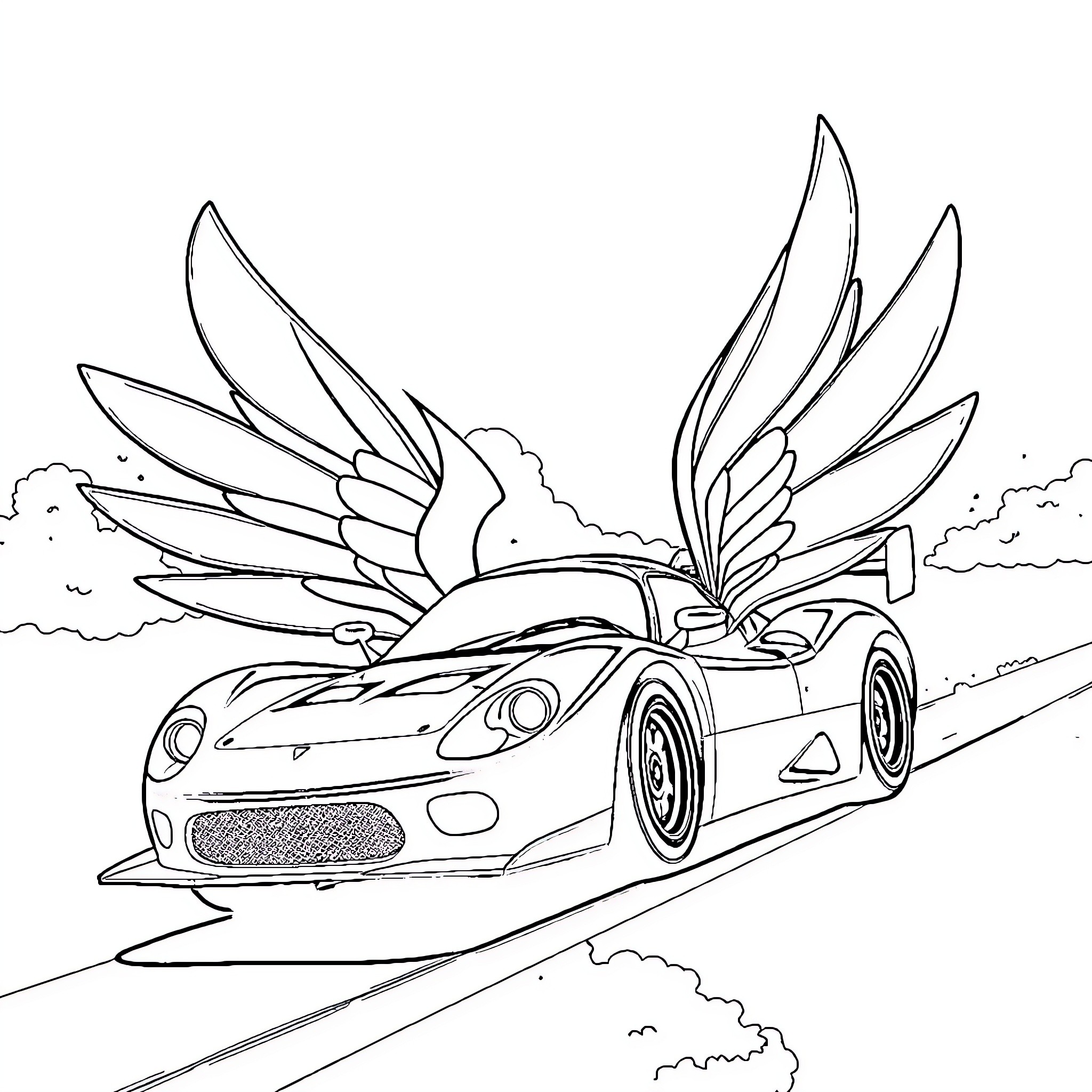 Race Car with Angelic Wings in Flight Coloring Page (free black-and-white line drawing printable PDF for all, from beginners to advanced learners, including children, teens, adults, and seniors)