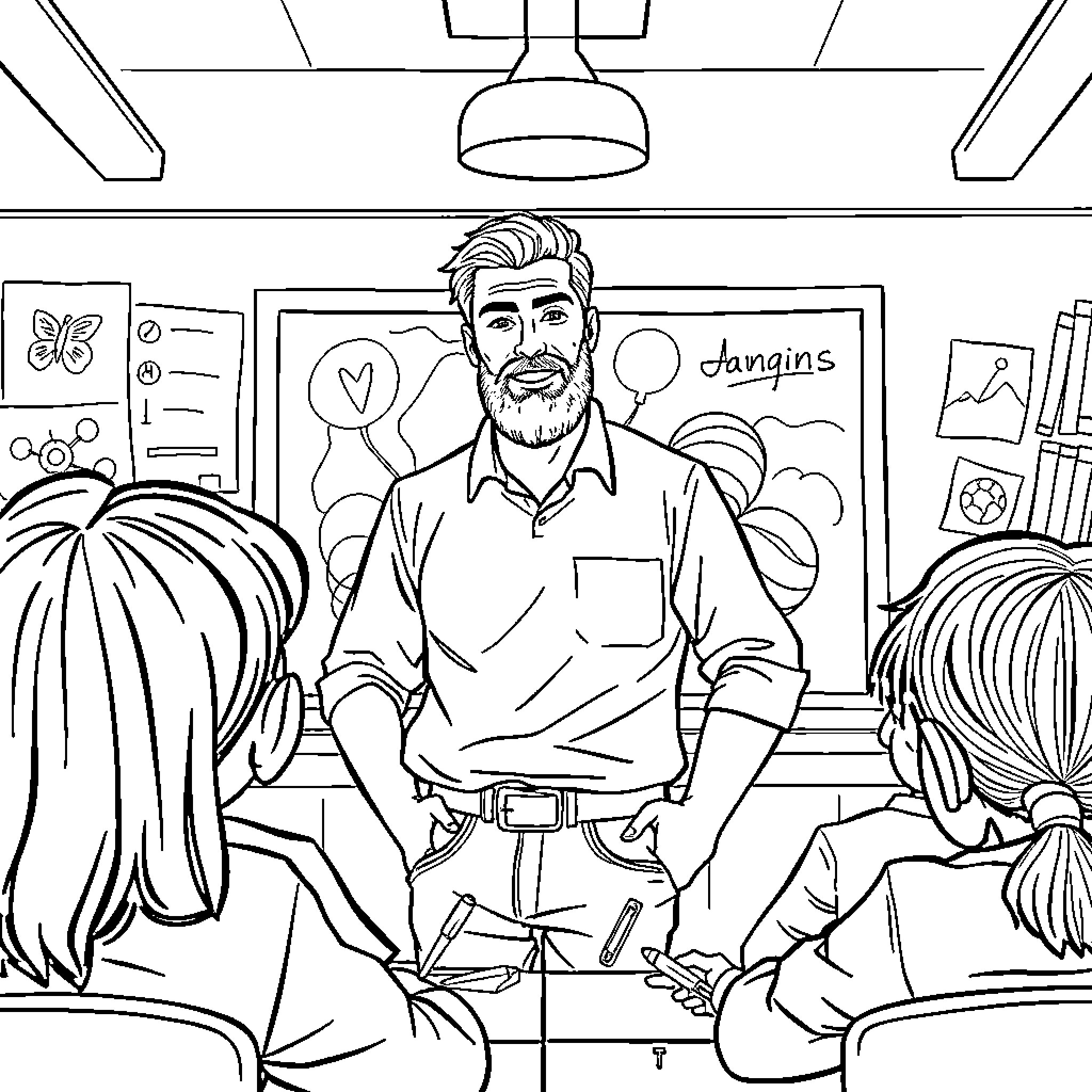 Teacher engaging students in interactive classroom Coloring Page (free black-and-white line drawing printable PDF for all, from beginners to advanced learners, including children, teens, adults, and seniors)