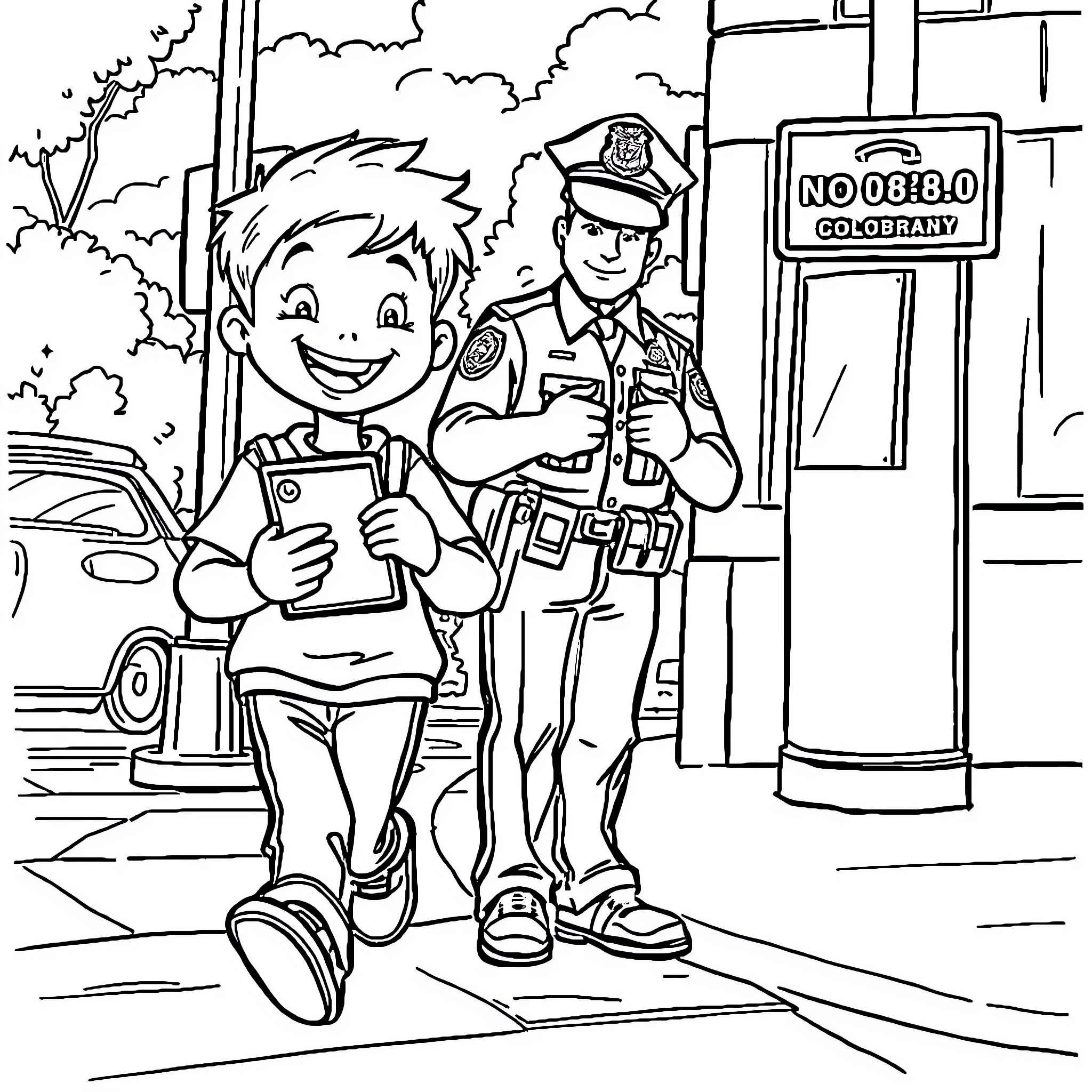 Kid Interacting with Police Officer on Street Coloring Page (free black-and-white line drawing printable PDF for all, from beginners to advanced learners, including children, teens, adults, and seniors)