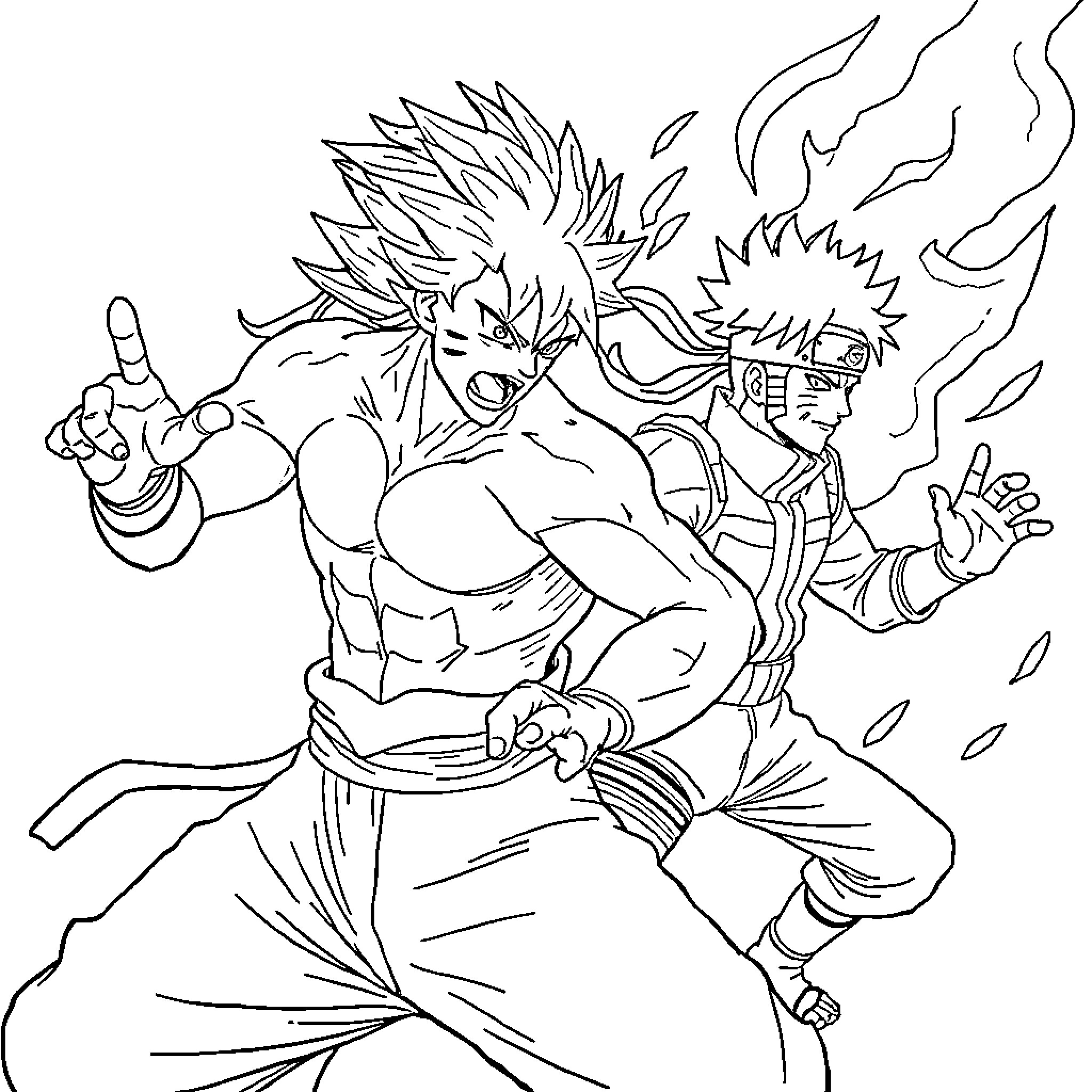 Sangoku style characters posing in intense battle stances Coloring Page (free black-and-white line drawing printable PDF for all, from beginners to advanced learners, including children, teens, adults, and seniors)