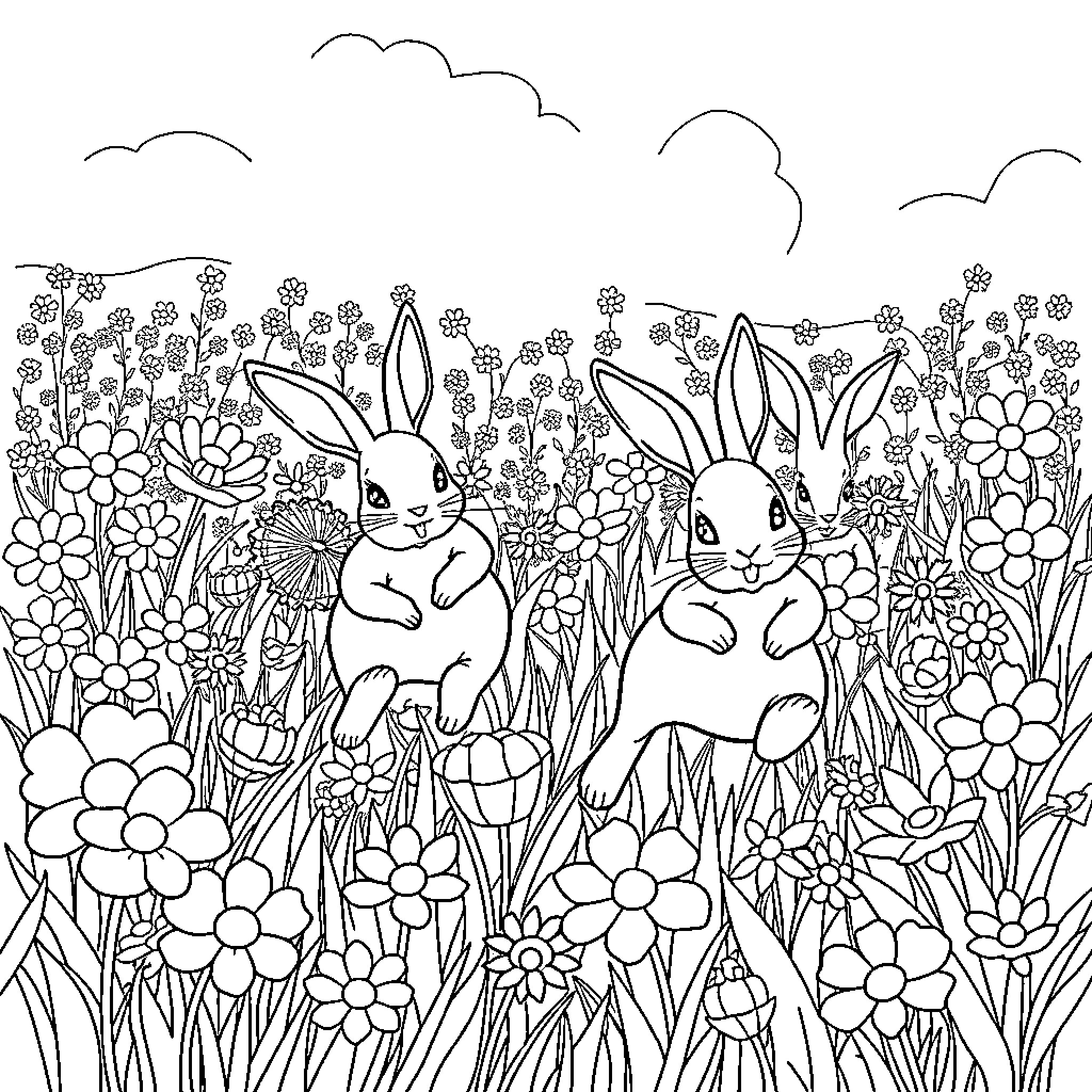 Bunnies Frolicking in a Flowery Meadow Coloring Page (free black-and-white line drawing printable PDF for all, from beginners to advanced learners, including children, teens, adults, and seniors)