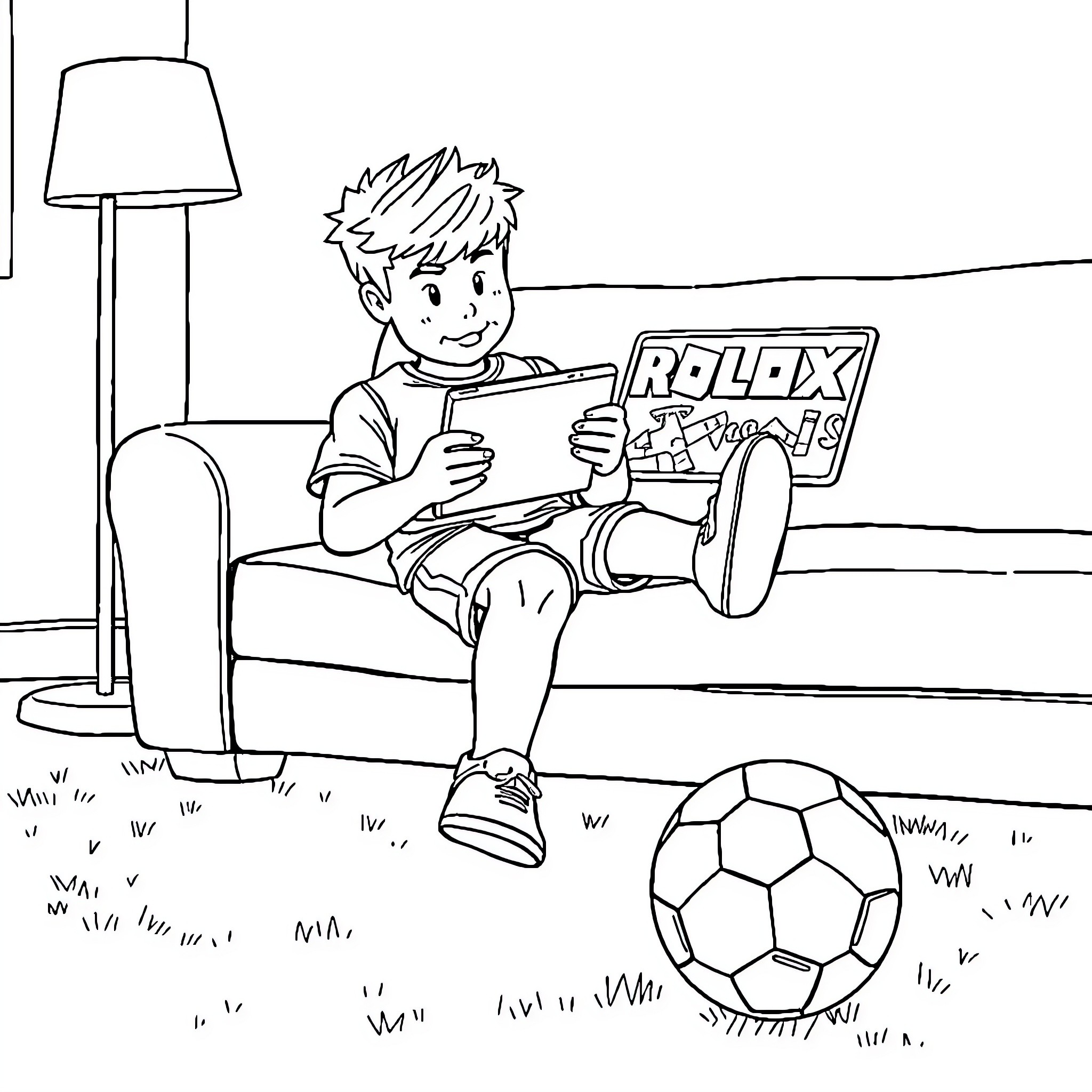 Boy playing Roblox on his tablet while relaxing at home Coloring Page (free black-and-white line drawing printable PDF for all, from beginners to advanced learners, including children, teens, adults, and seniors)
