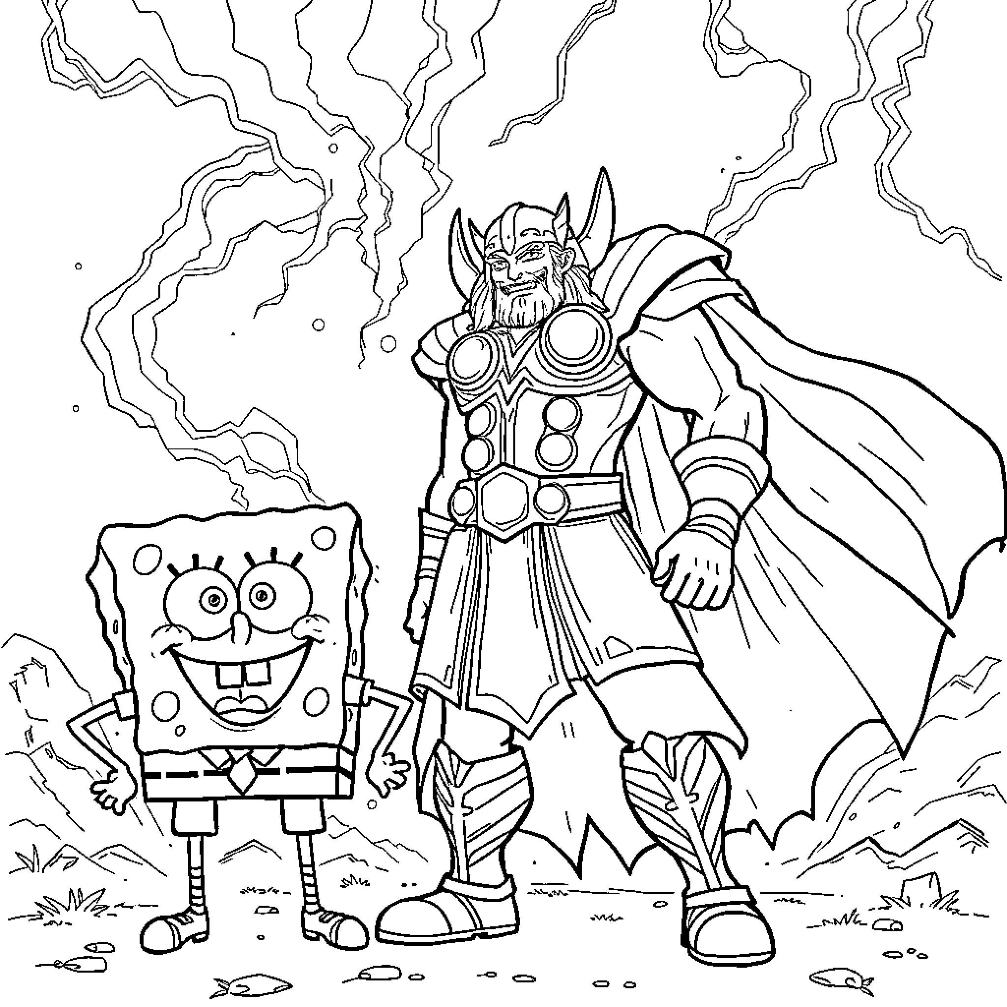 Thor battling SpongeBob in a fantastical scene Coloring Page (free black-and-white line drawing printable PDF for all, from beginners to advanced learners, including children, teens, adults, and seniors)
