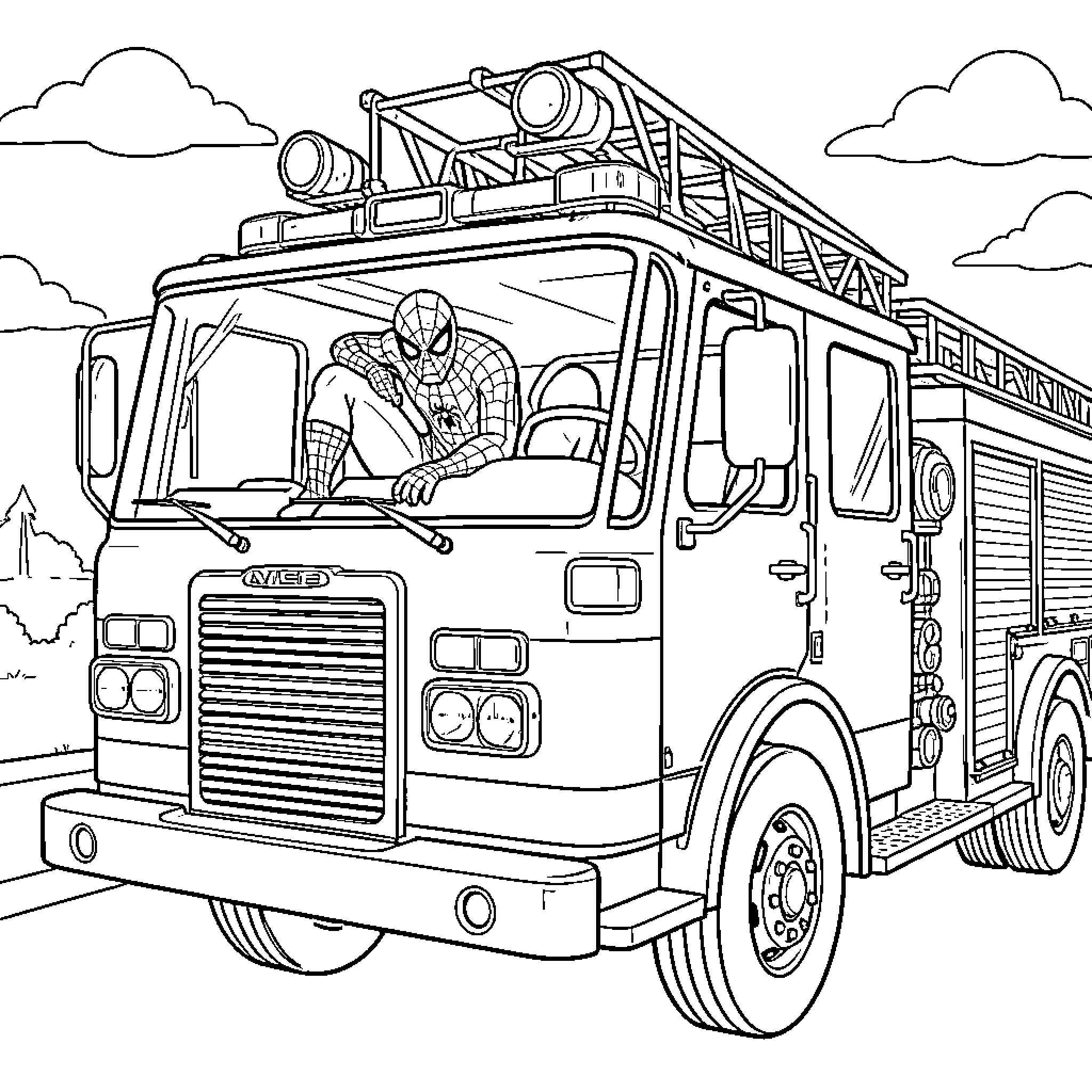 Spiderman sitting inside a large fire truck Coloring Page (free black-and-white line drawing printable PDF for all, from beginners to advanced learners, including children, teens, adults, and seniors)