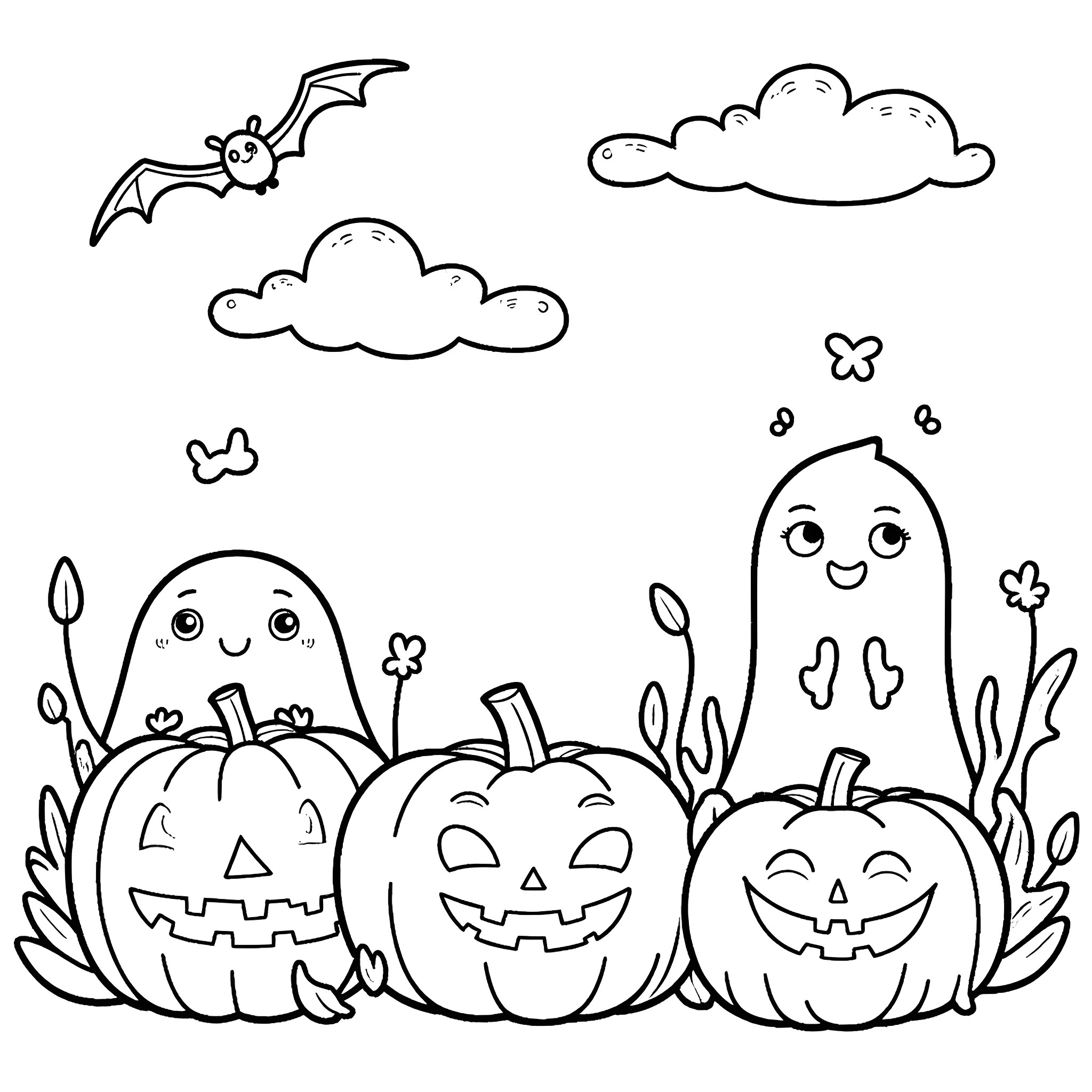 Halloween scene with pumpkins and spooky elements Coloring Page (free black-and-white line drawing printable PDF for all, from beginners to advanced learners, including children, teens, adults, and seniors)