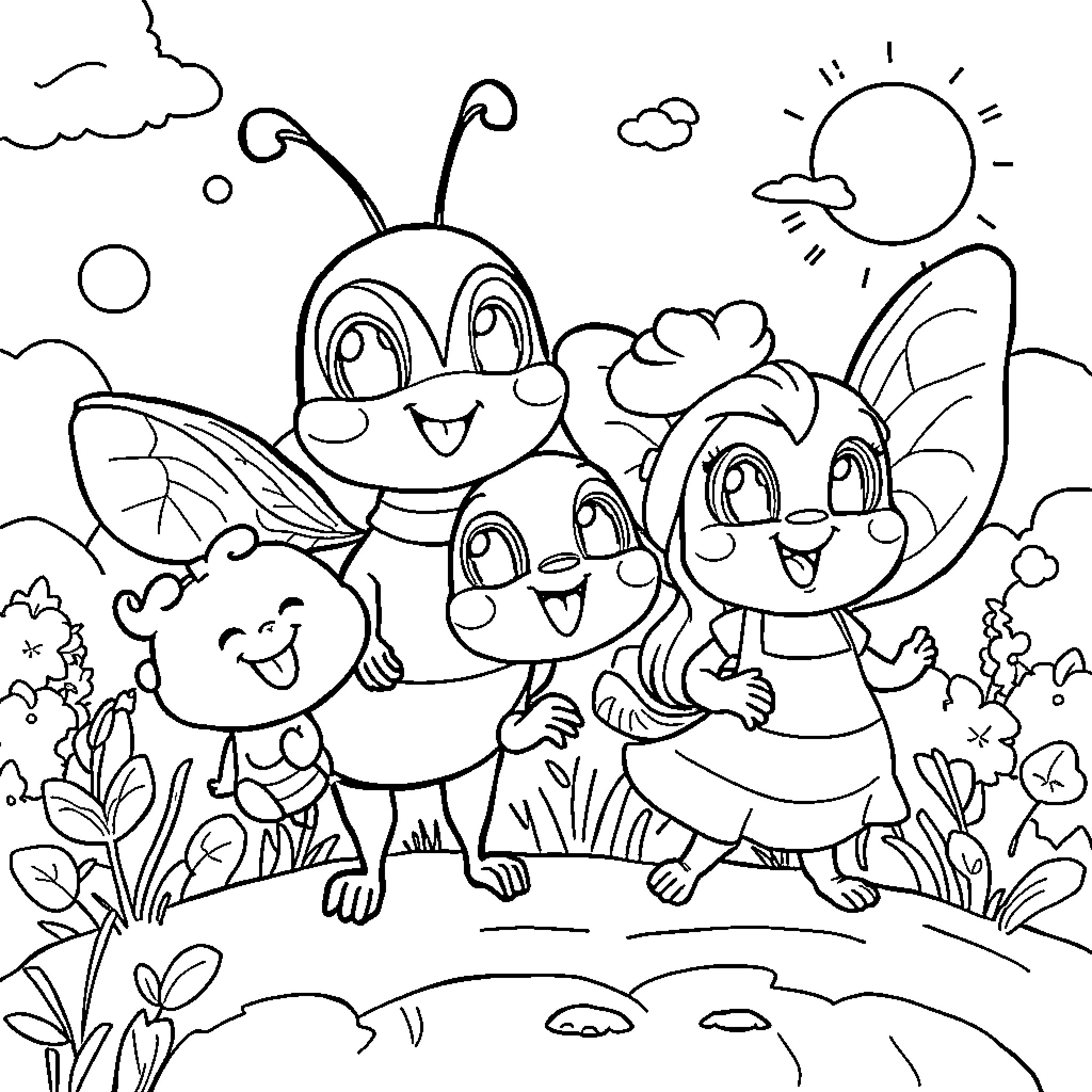 Paw Patrol Bugs Exploring Nature Coloring Page (free black-and-white line drawing printable PDF for all, from beginners to advanced learners, including children, teens, adults, and seniors)