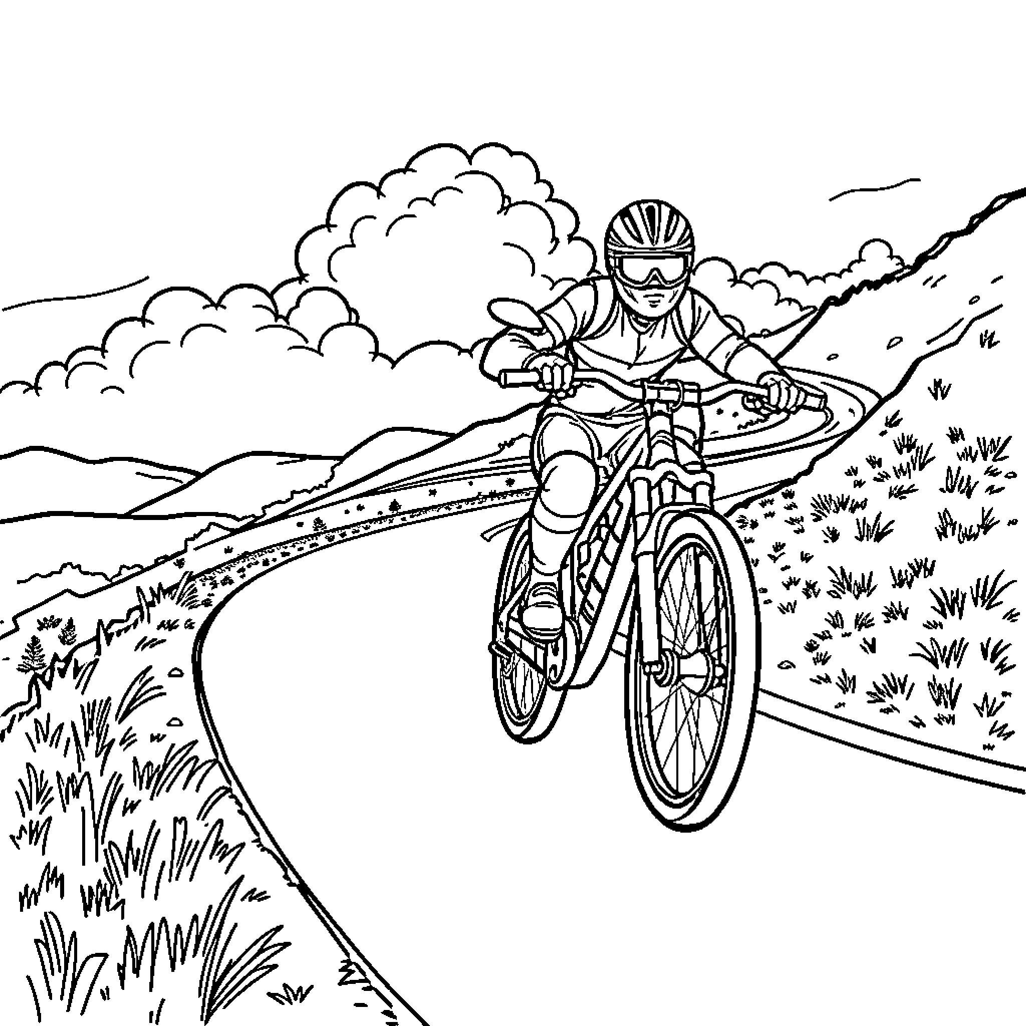 Bike rider navigating winding mountain trail Coloring Page (free black-and-white line drawing printable PDF for all, from beginners to advanced learners, including children, teens, adults, and seniors)