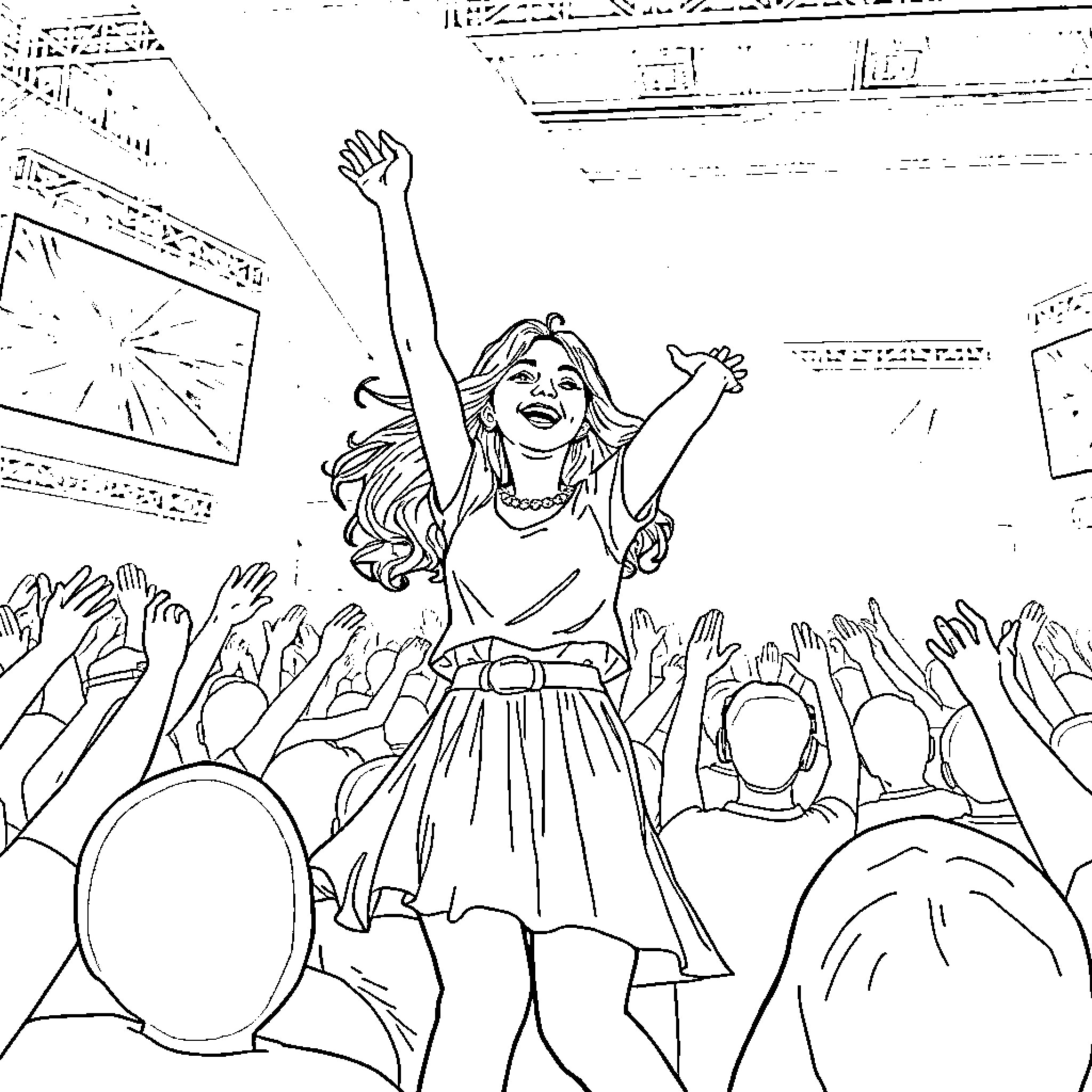 Girl celebrates on stage with cheering crowd Coloring Page (free black-and-white line drawing printable PDF for all, from beginners to advanced learners, including children, teens, adults, and seniors)