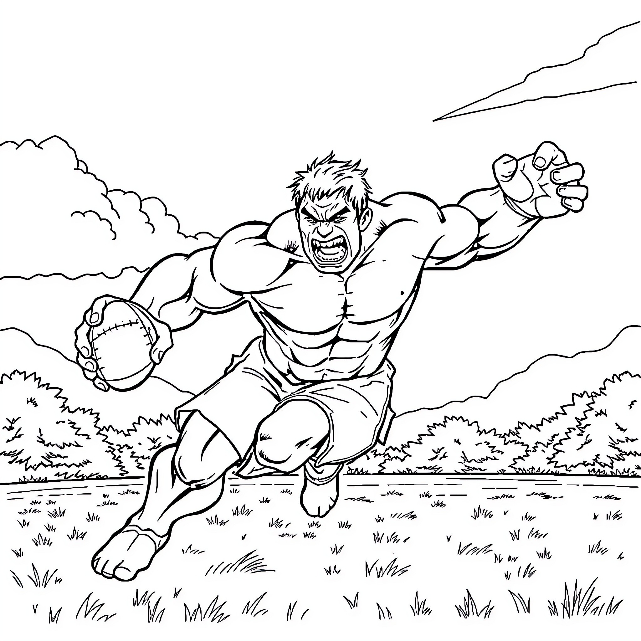 Hulk Charging Through the Wilderness Coloring Page (free black-and-white line drawing printable PDF for all, from beginners to advanced learners, including children, teens, adults, and seniors)