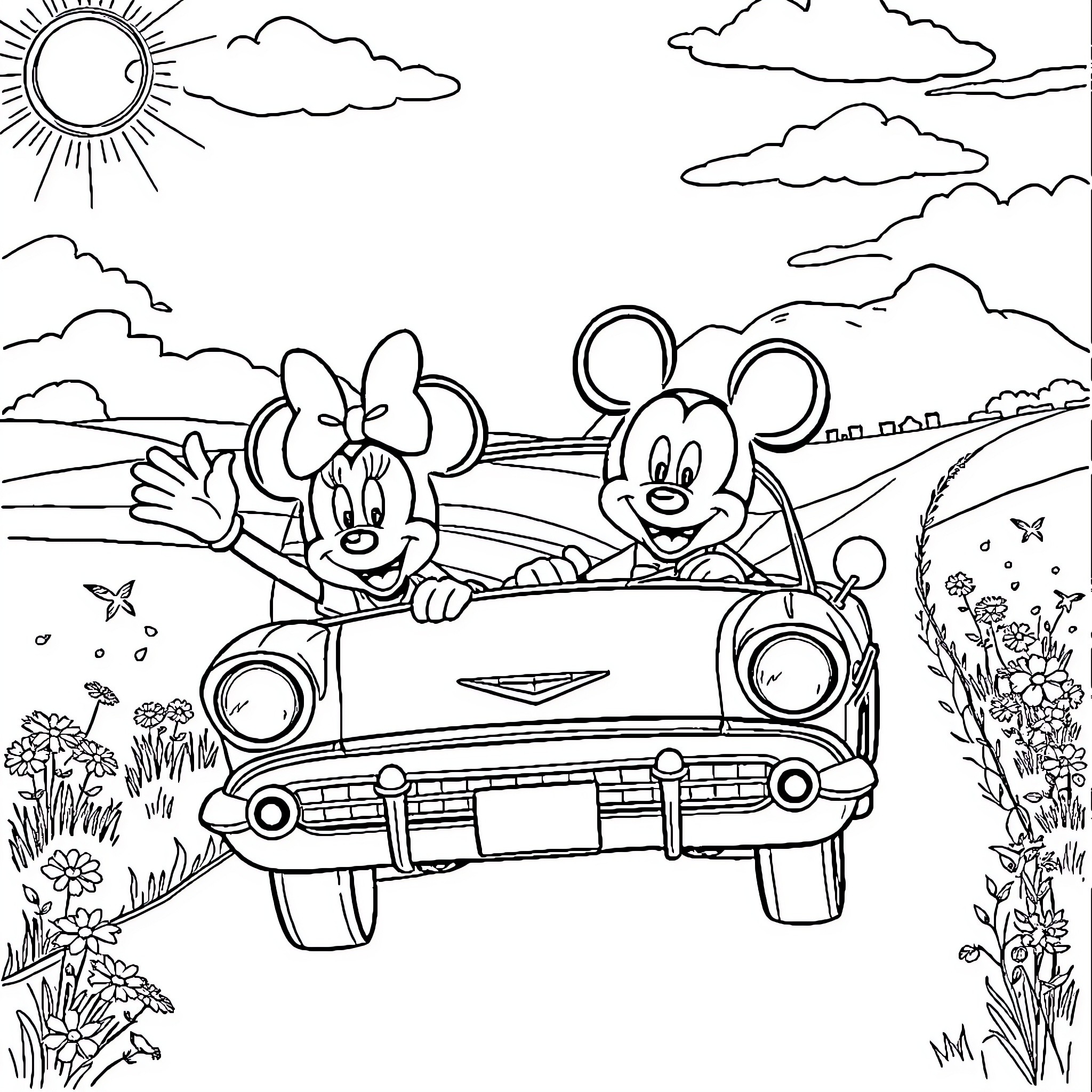 Minnie Mouse and Mickey Mouse on a joyful road trip Coloring Page (free black-and-white line drawing printable PDF for all, from beginners to advanced learners, including children, teens, adults, and seniors)