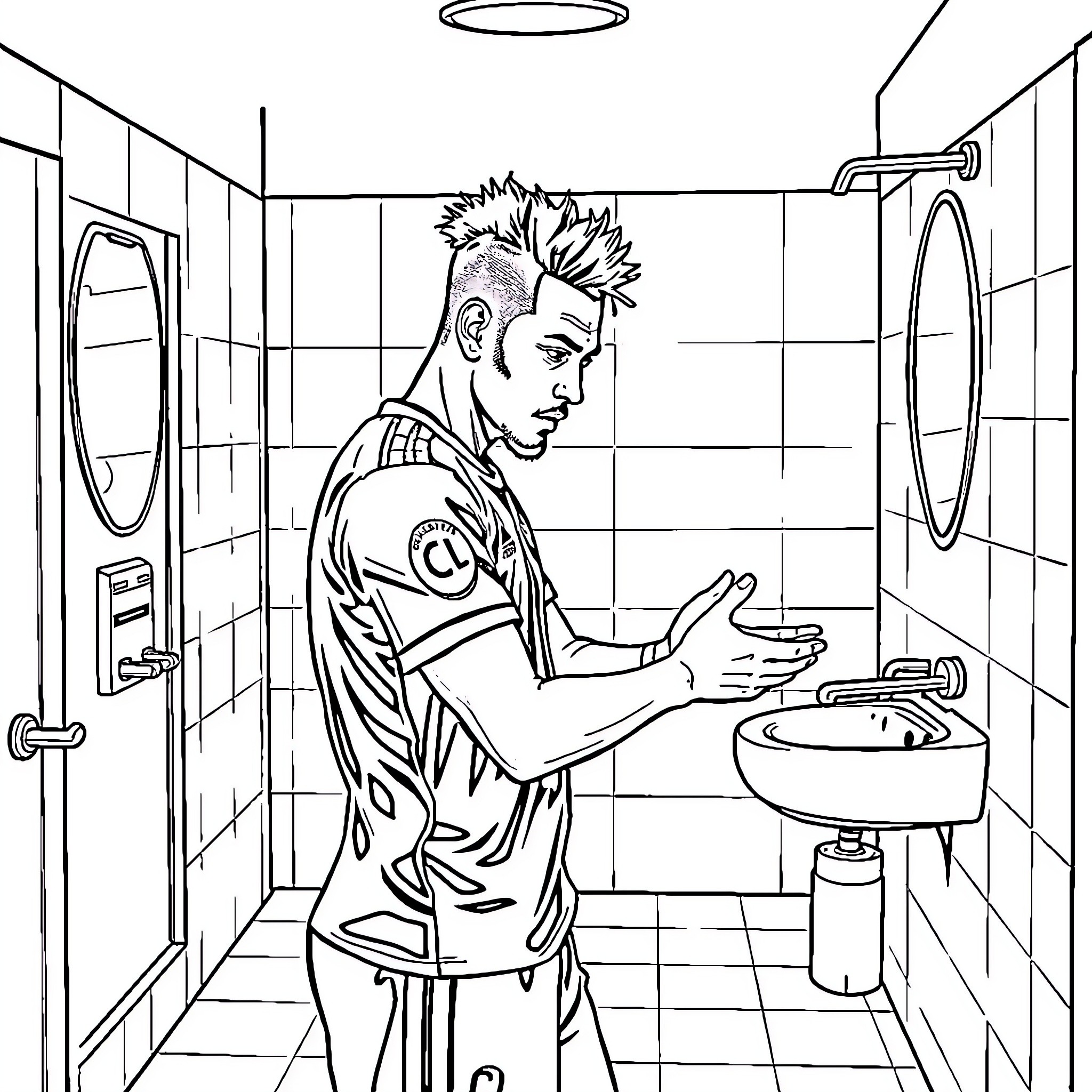 Neymar in a Bathroom Cleaning His Hands Coloring Page (free black-and-white line drawing printable PDF for all, from beginners to advanced learners, including children, teens, adults, and seniors)
