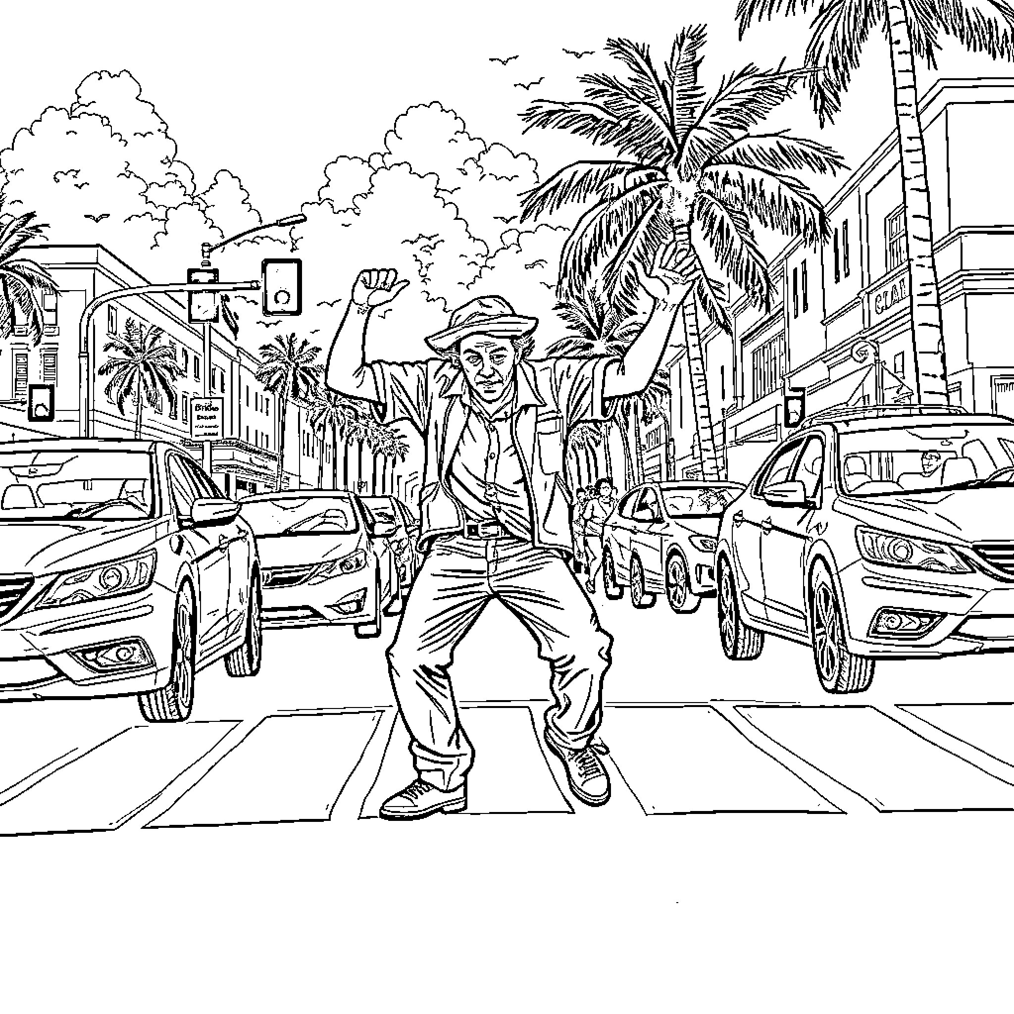 Breakdancer performs in vibrant urban scene with palm trees Coloring Page (free black-and-white line drawing printable PDF for all, from beginners to advanced learners, including children, teens, adults, and seniors)