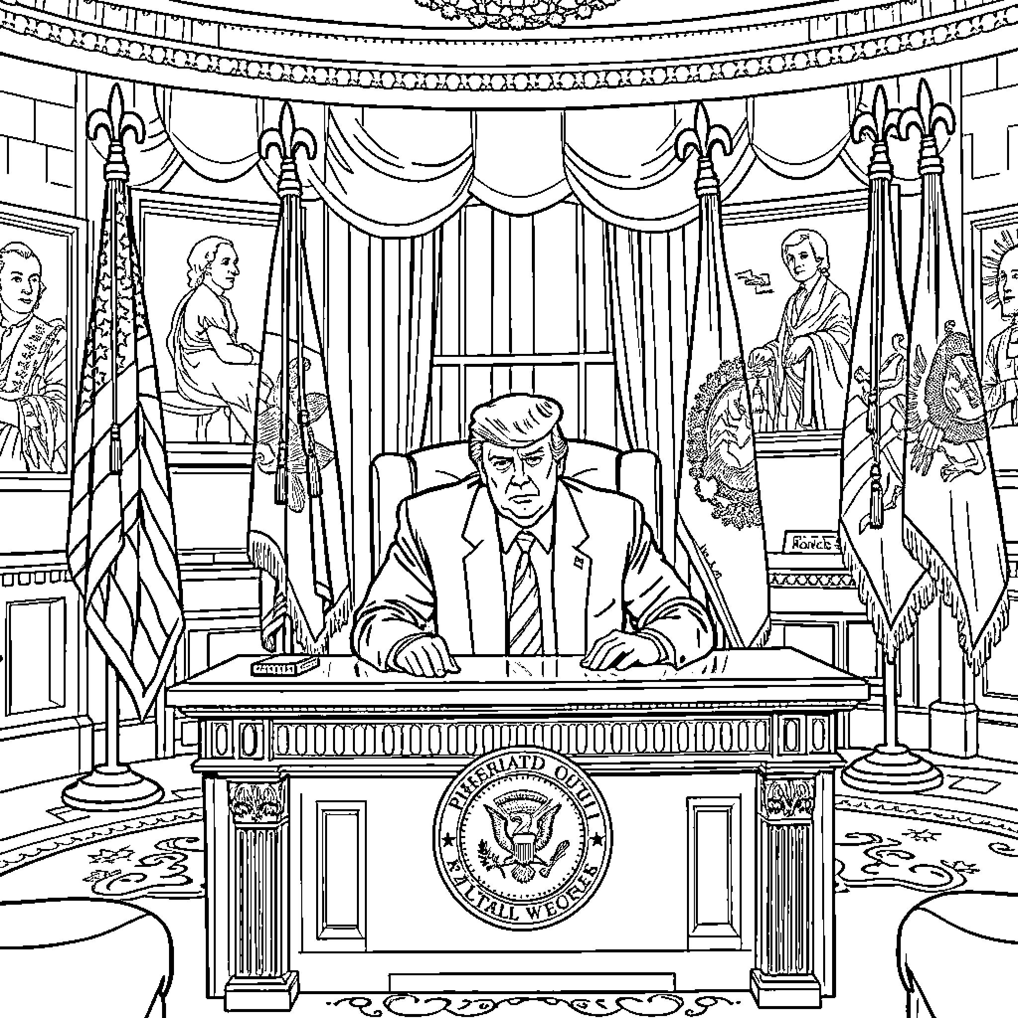 Donald Trump in the Oval Office surrounded by presidential decor Coloring Page (free black-and-white line drawing printable PDF for all, from beginners to advanced learners, including children, teens, adults, and seniors)