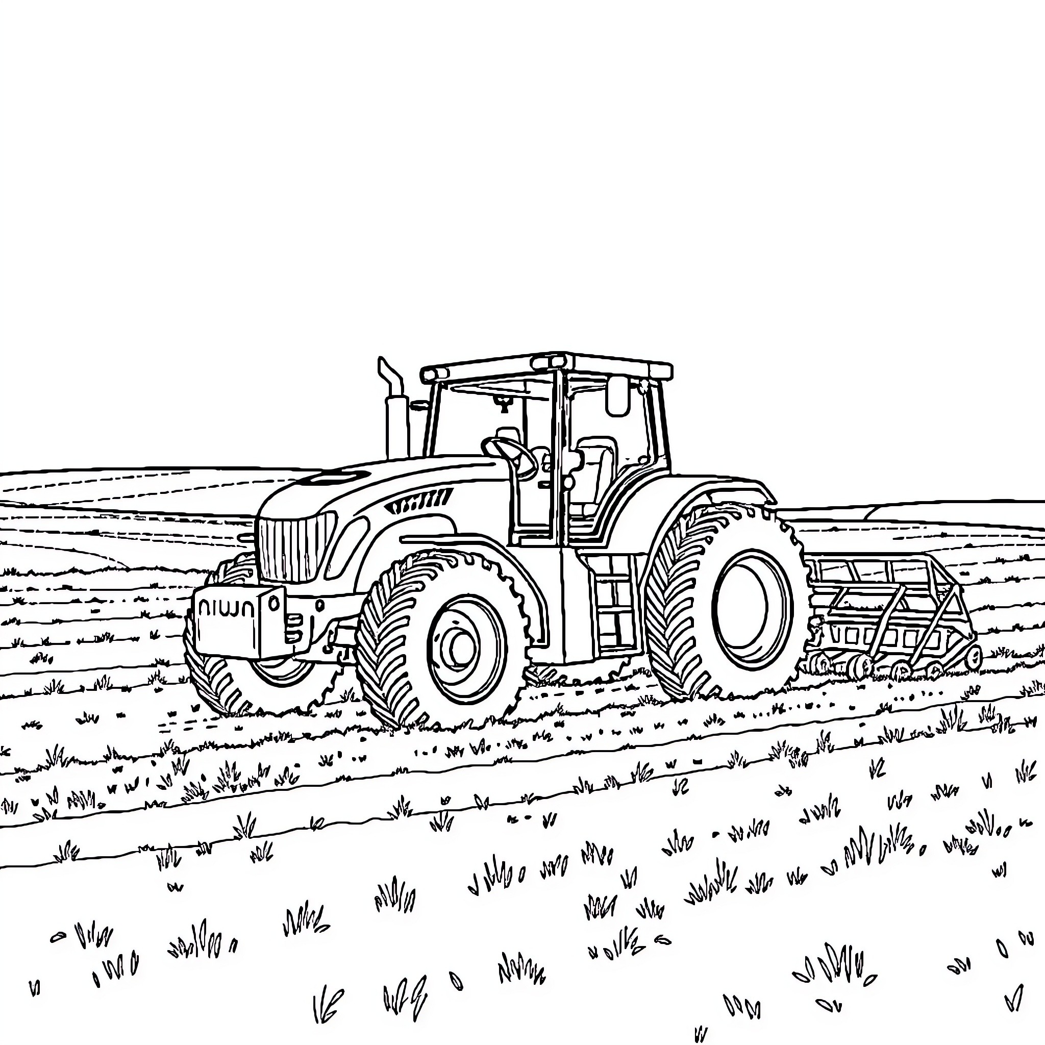 Tractor plowing through a field Coloring Page (free black-and-white line drawing printable PDF for all, from beginners to advanced learners, including children, teens, adults, and seniors)