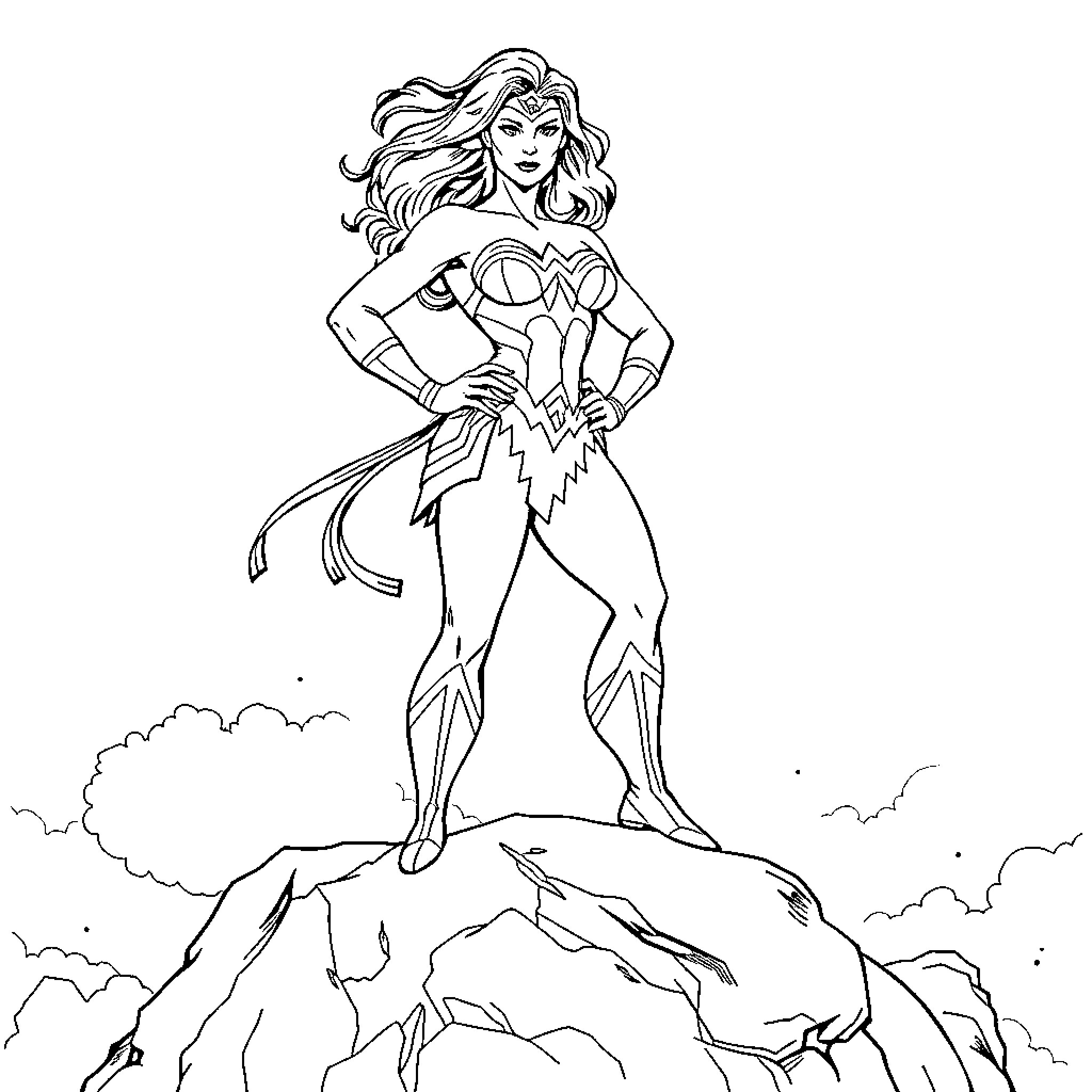 Wonder Woman standing heroically on a rocky outcrop Coloring Page (free black-and-white line drawing printable PDF for all, from beginners to advanced learners, including children, teens, adults, and seniors)