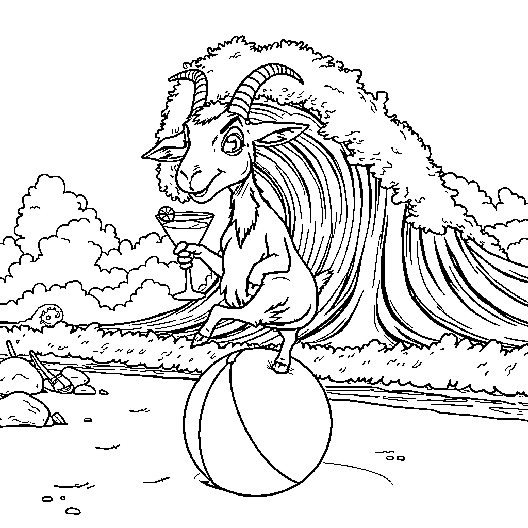 Goat balancing on ball in nature landscape Coloring Page (free black-and-white line drawing printable PDF for all, from beginners to advanced learners, including children, teens, adults, and seniors)
