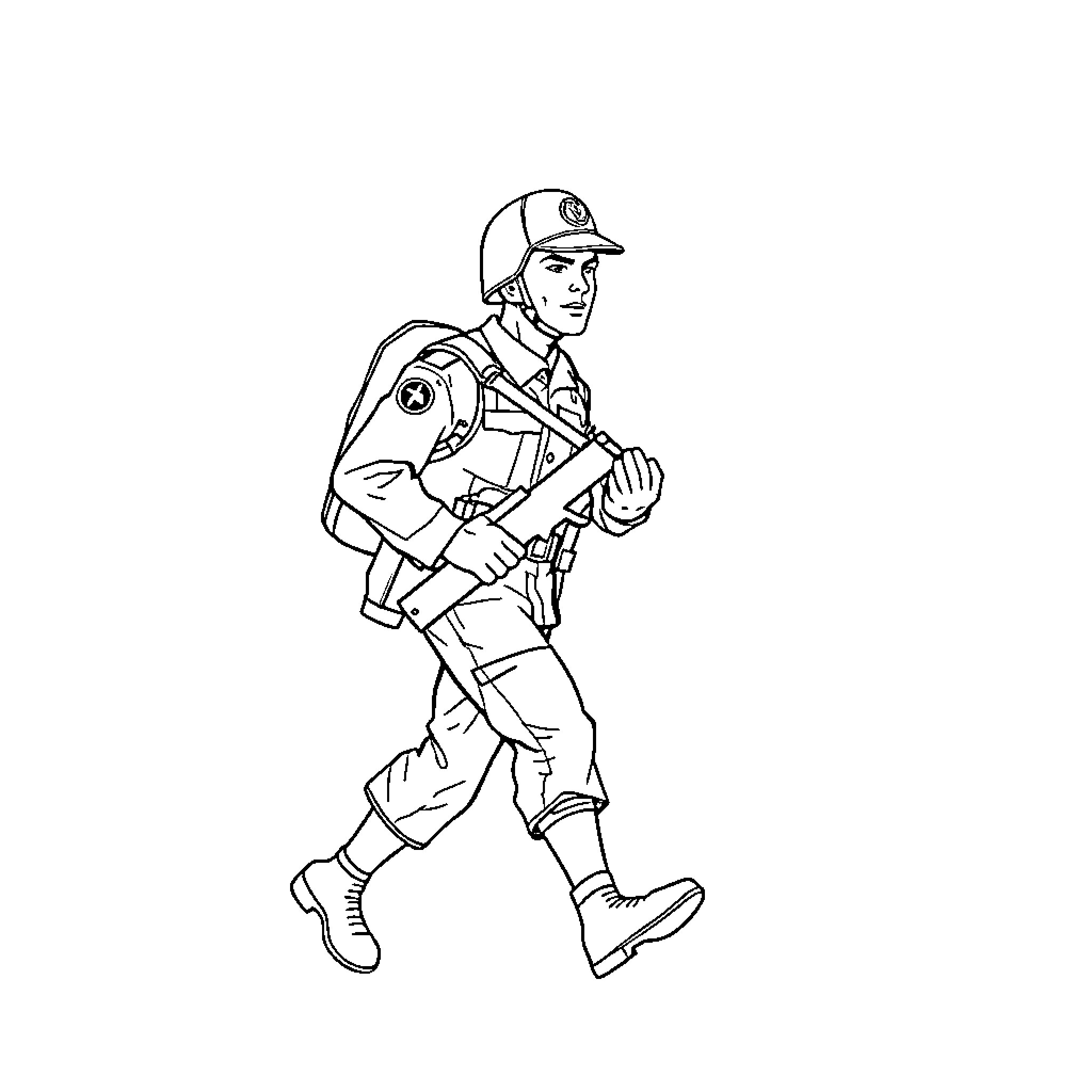 Soldier on the march with equipment Coloring Page (free black-and-white line drawing printable PDF for all, from beginners to advanced learners, including children, teens, adults, and seniors)