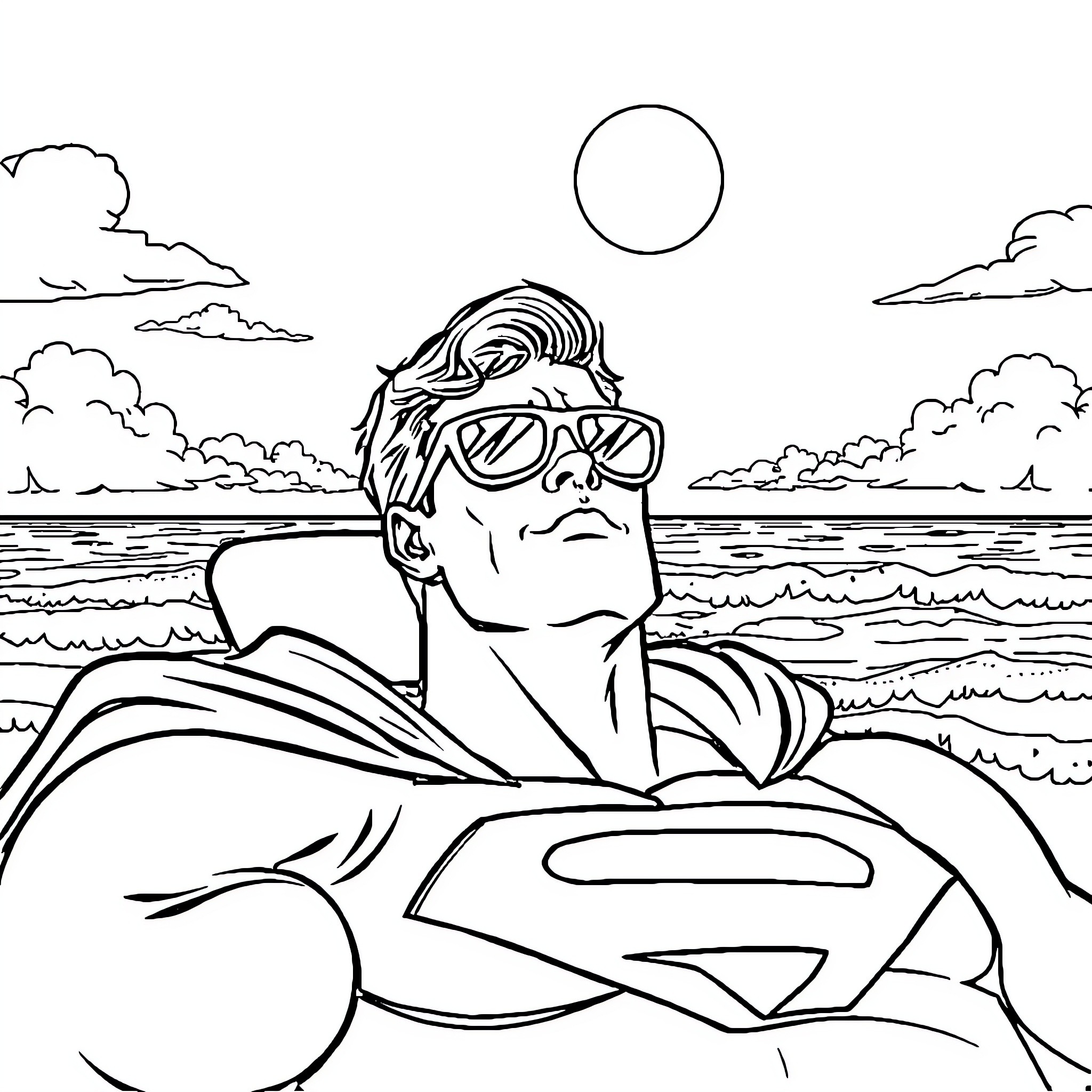 Superman relaxing on the beach Coloring Page (free black-and-white line drawing printable PDF for all, from beginners to advanced learners, including children, teens, adults, and seniors)