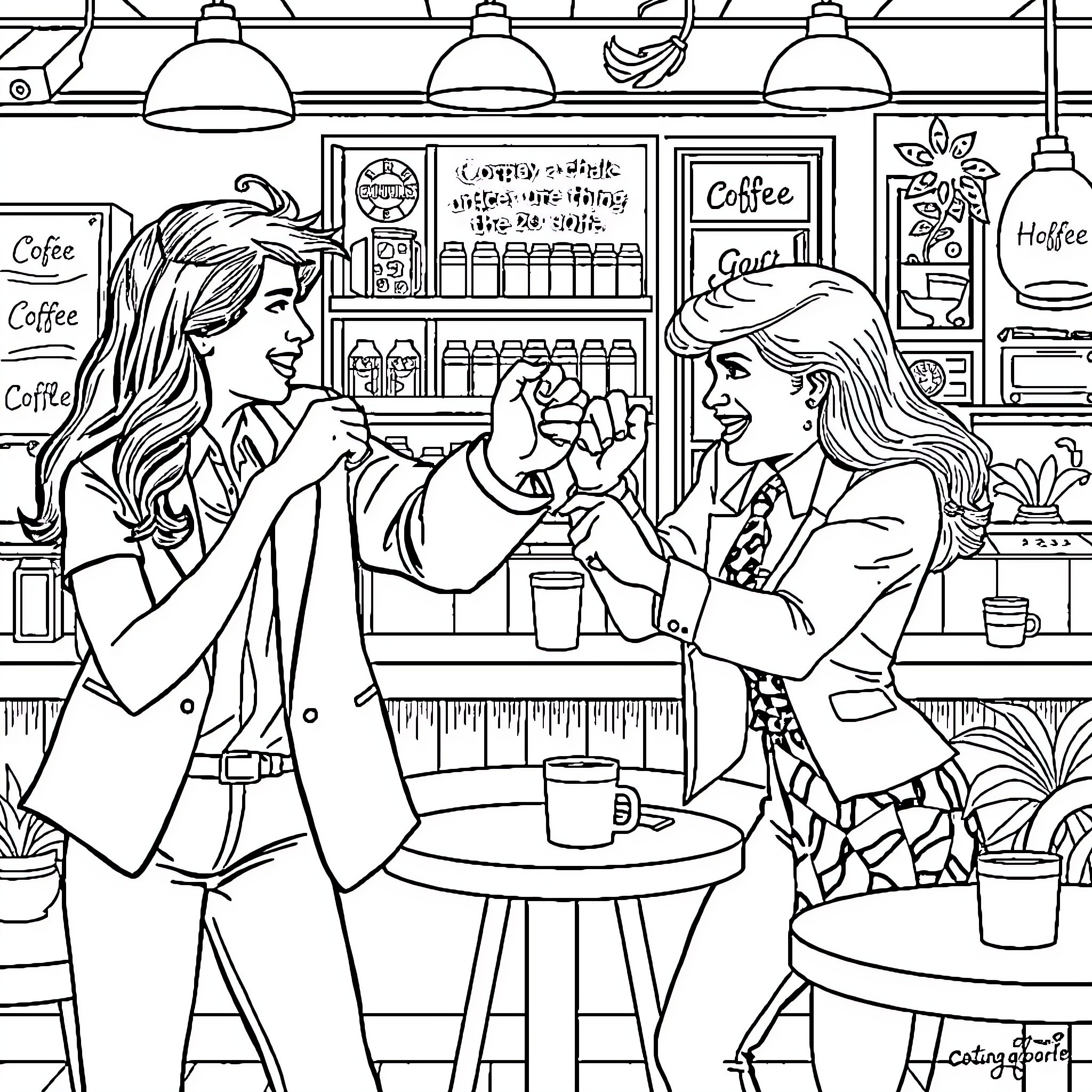 Gilmour Girls Enjoying Laughter and Conversation in a Cozy Cafe Coloring Page (free black-and-white line drawing printable PDF for all, from beginners to advanced learners, including children, teens, adults, and seniors)