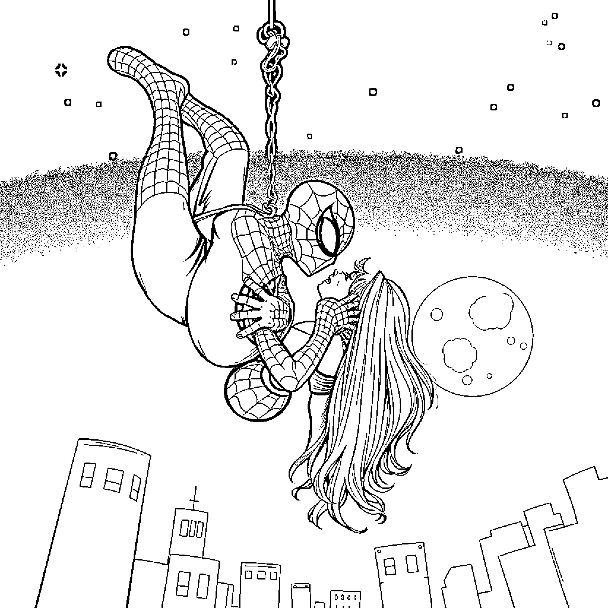 Spider-Man swinging through the city skyline Coloring Page (free black-and-white line drawing printable PDF for all, from beginners to advanced learners, including children, teens, adults, and seniors)