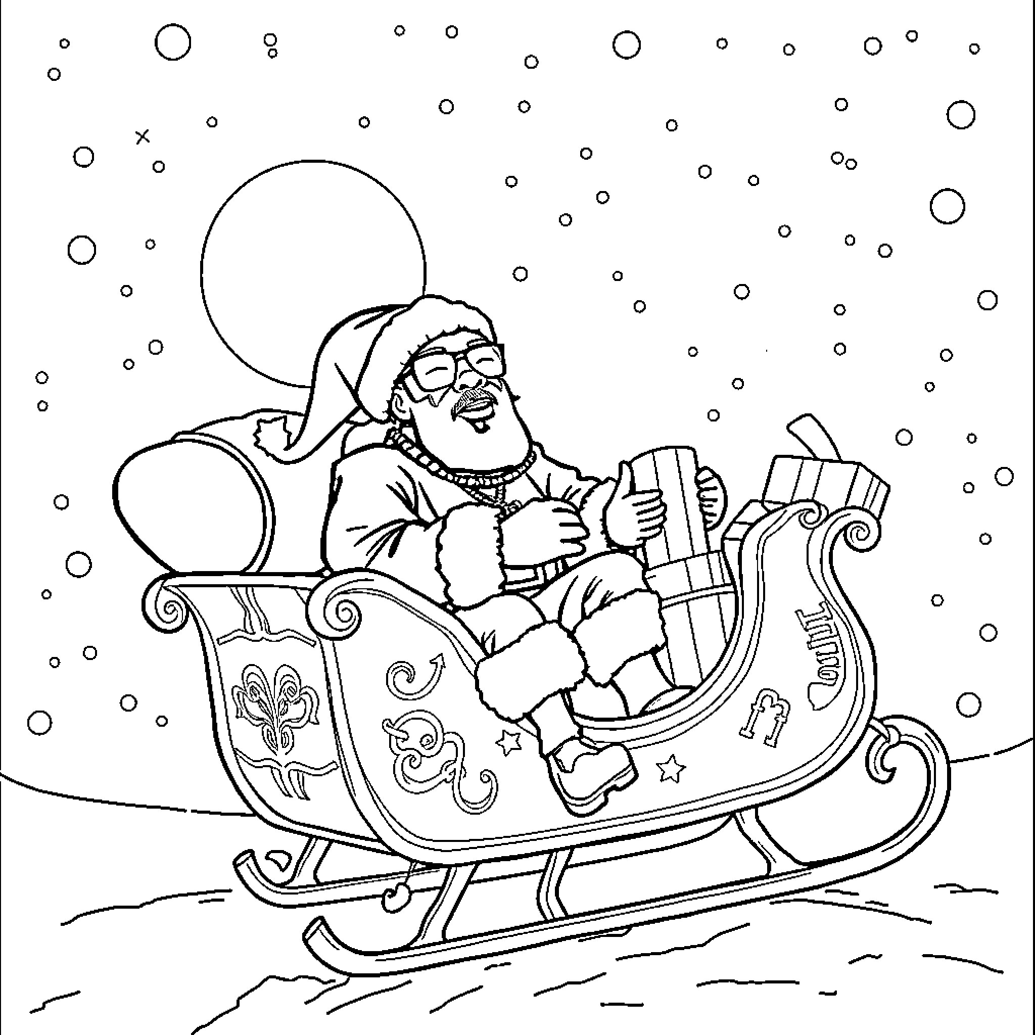 Snoop Dogg enjoying a sleigh ride on a winter night Coloring Page (free black-and-white line drawing printable PDF for all, from beginners to advanced learners, including children, teens, adults, and seniors)