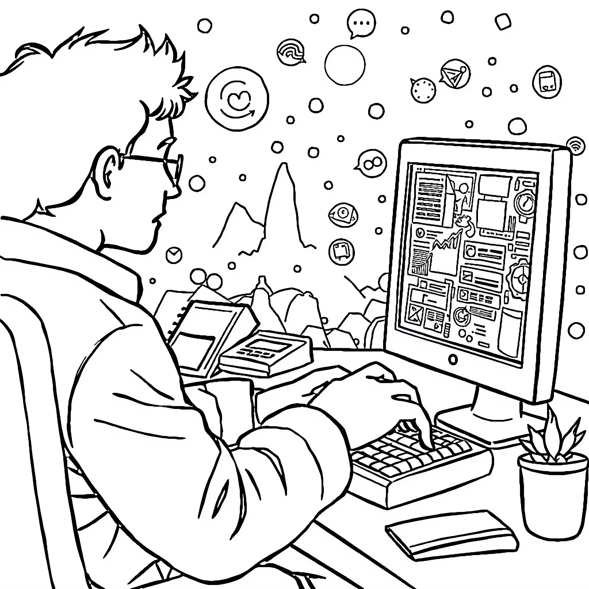 Computer User Absorbed in Digital Workspace Coloring Page (free black-and-white line drawing printable PDF for all, from beginners to advanced learners, including children, teens, adults, and seniors)
