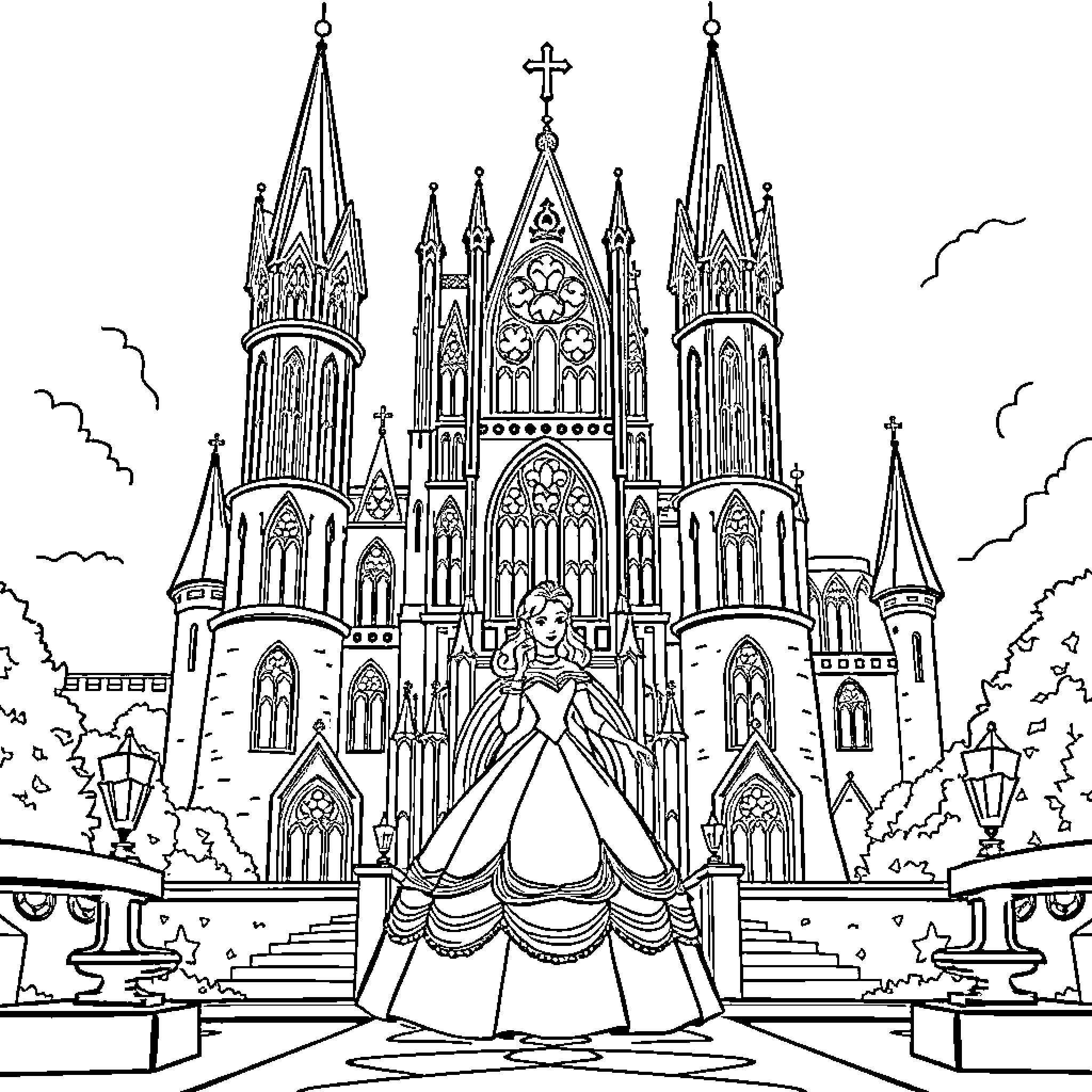 Belle in a grand cathedral with an elegant dress Coloring Page (free black-and-white line drawing printable PDF for all, from beginners to advanced learners, including children, teens, adults, and seniors)
