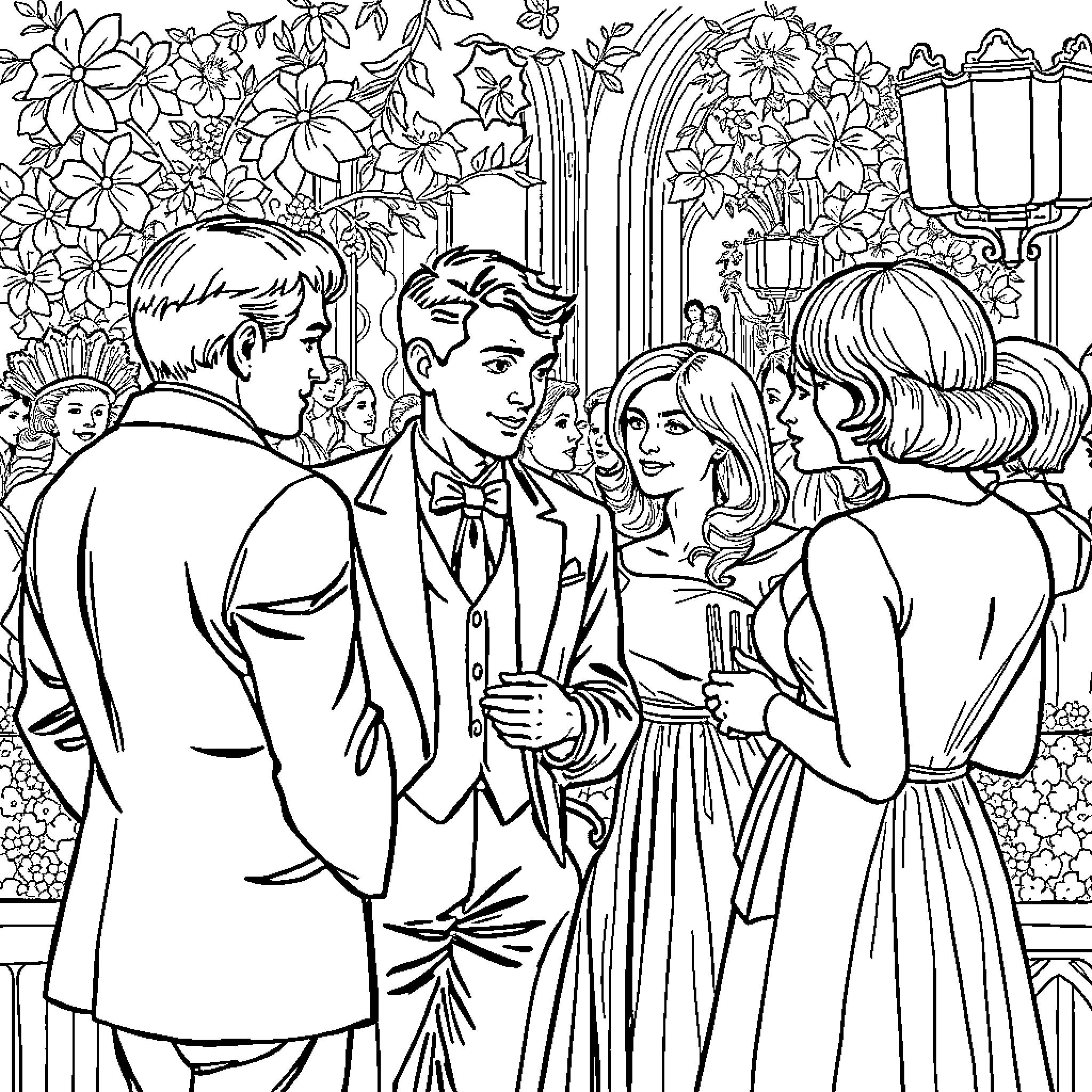 Lady in Elegant Formal Attire at a Social Gathering Coloring Page (free black-and-white line drawing printable PDF for all, from beginners to advanced learners, including children, teens, adults, and seniors)