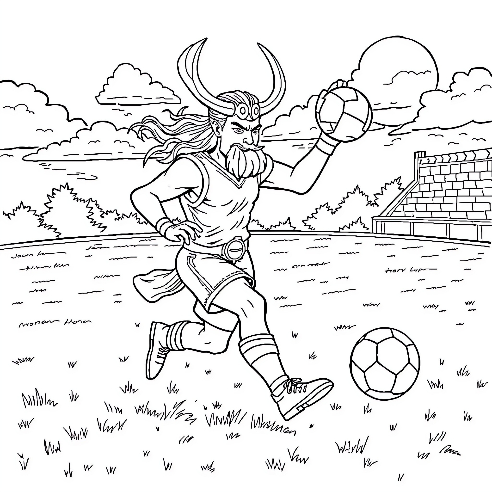 Loki playing with a soccer ball on the field Coloring Page (free black-and-white line drawing printable PDF for all, from beginners to advanced learners, including children, teens, adults, and seniors)