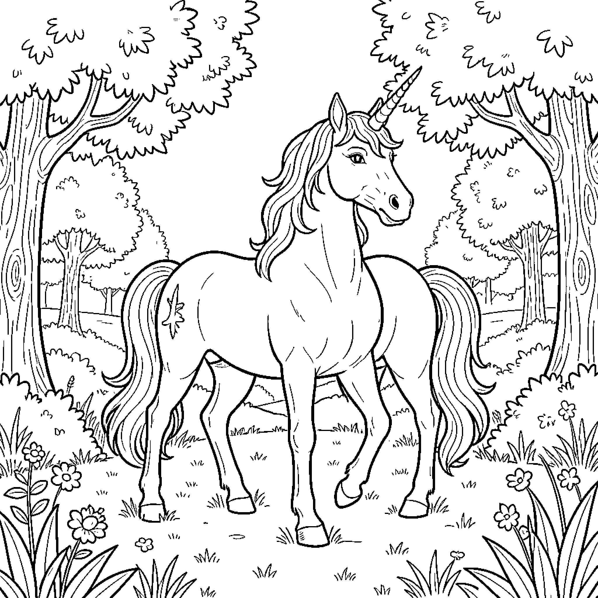 Unicorn walking peacefully in the enchanted forest Coloring Page (free black-and-white line drawing printable PDF for all, from beginners to advanced learners, including children, teens, adults, and seniors)