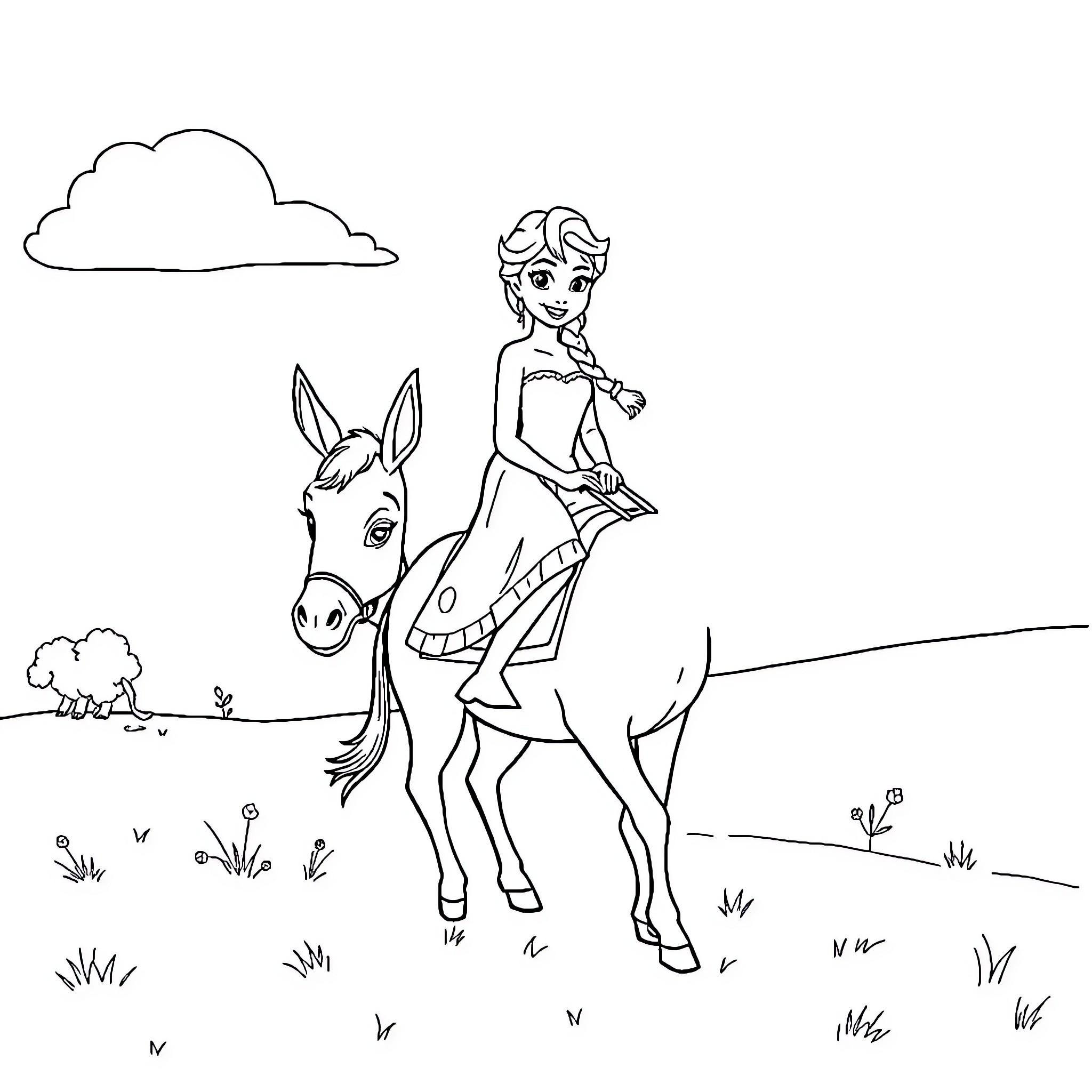 Elssa riding a donkey in the countryside Coloring Page (free black-and-white line drawing printable PDF for all, from beginners to advanced learners, including children, teens, adults, and seniors)