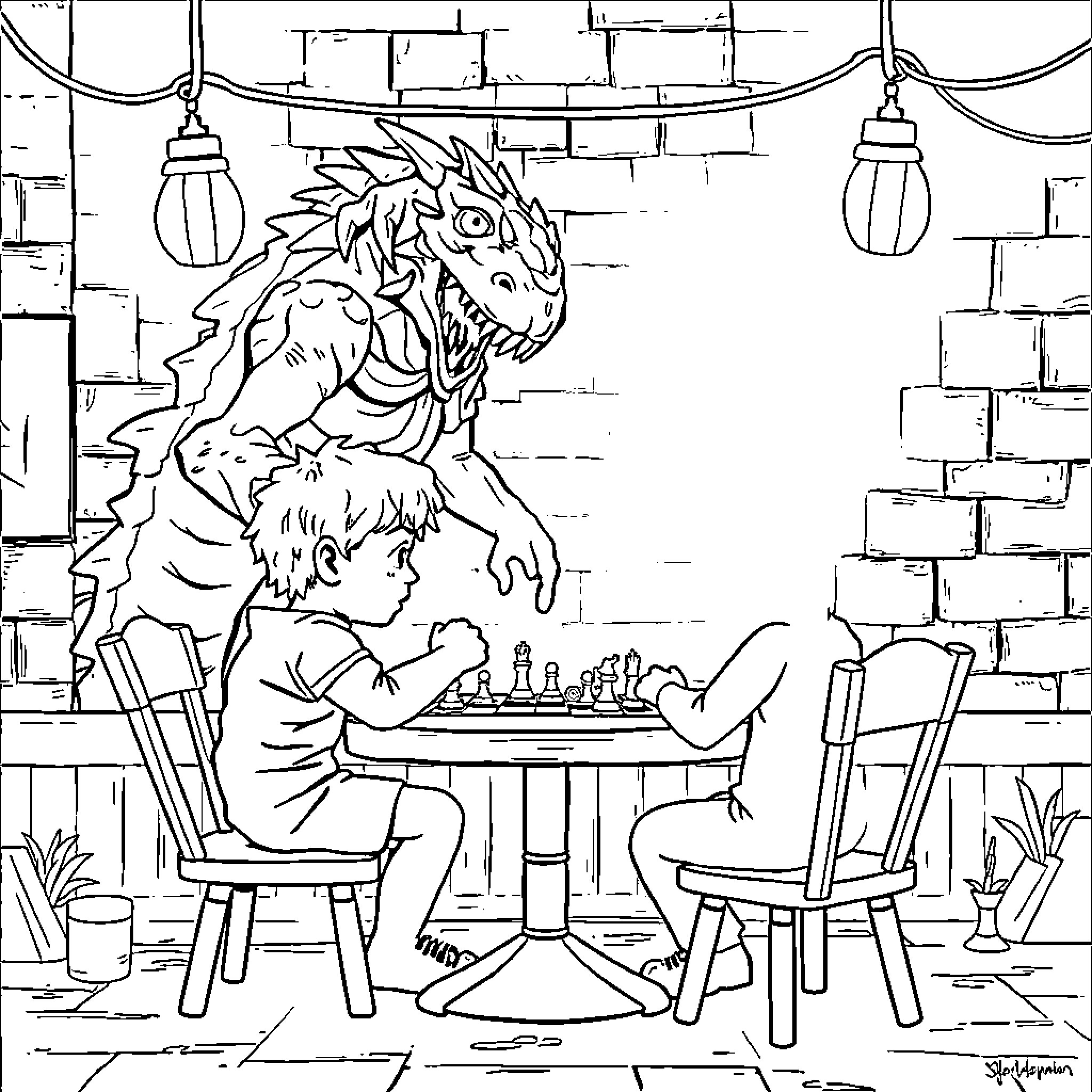 Barney's Chess Game with a Friendly Dragon Coloring Page (free black-and-white line drawing printable PDF for all, from beginners to advanced learners, including children, teens, adults, and seniors)