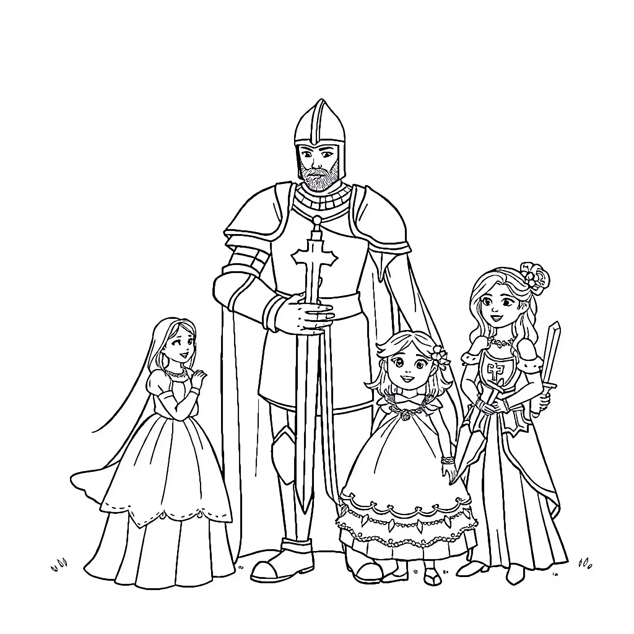 Knight's Family Portrait in Medieval Attire Coloring Page (free black-and-white line drawing printable PDF for all, from beginners to advanced learners, including children, teens, adults, and seniors)