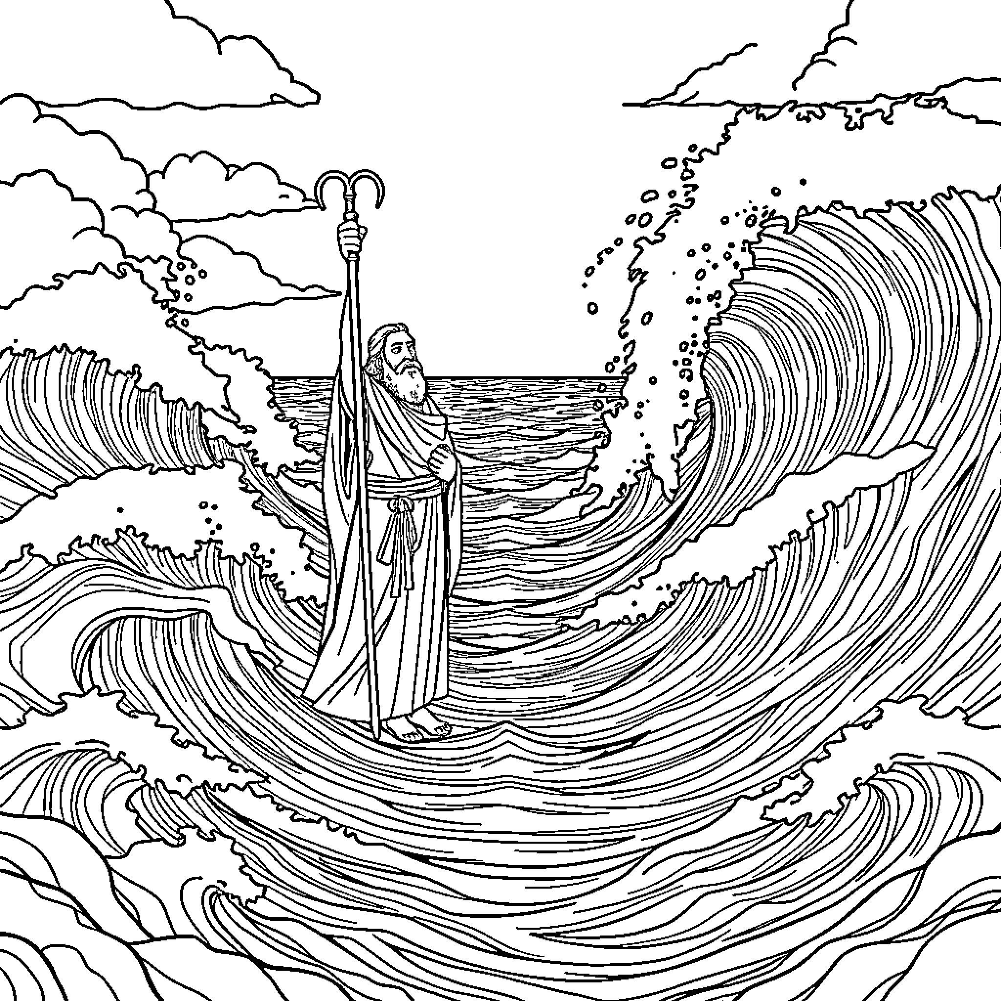 Moses Parting the Stormy Seas Coloring Page (free black-and-white line drawing printable PDF for all, from beginners to advanced learners, including children, teens, adults, and seniors)