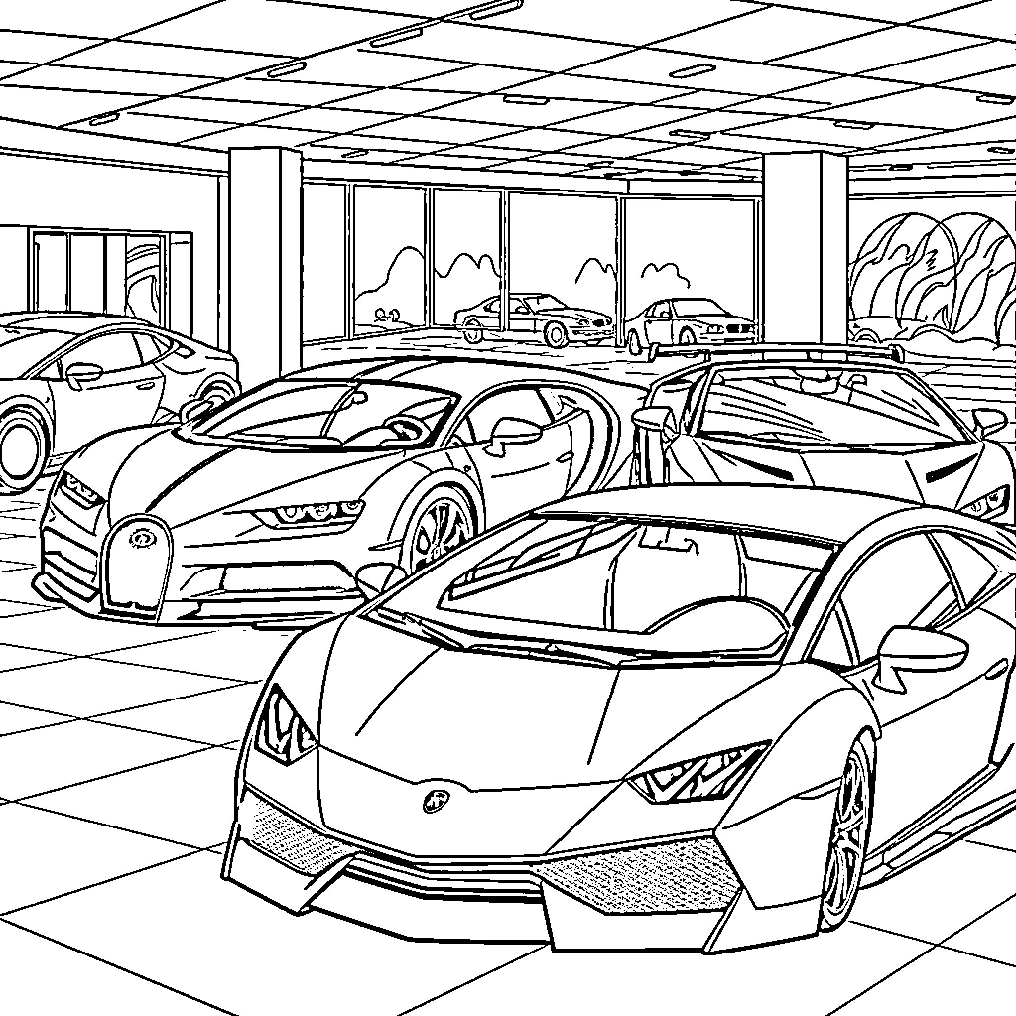 Bugatti Luxury Sports Cars Showroom Coloring Page (free black-and-white line drawing printable PDF for all, from beginners to advanced learners, including children, teens, adults, and seniors)
